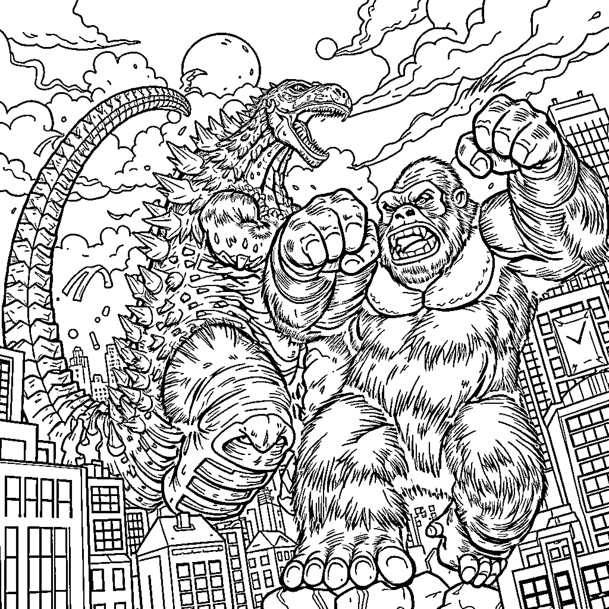 Godzilla battling against a giant ape in a city Coloring Page (free black-and-white line drawing printable PDF for all, from beginners to advanced learners, including children, teens, adults, and seniors)