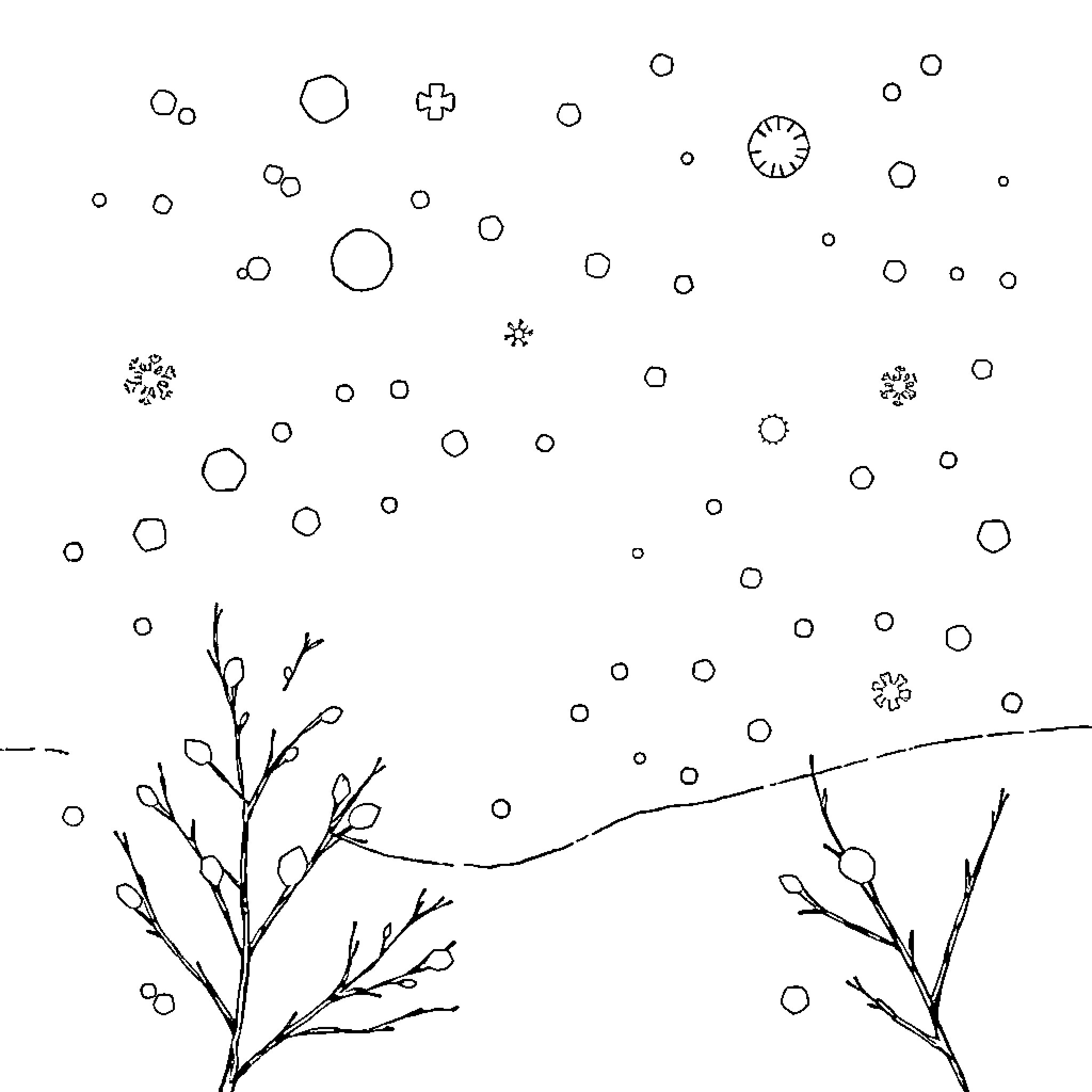 Winter Spirit amidst snowfall and bare branches Coloring Page (free black-and-white line drawing printable PDF for all, from beginners to advanced learners, including children, teens, adults, and seniors)