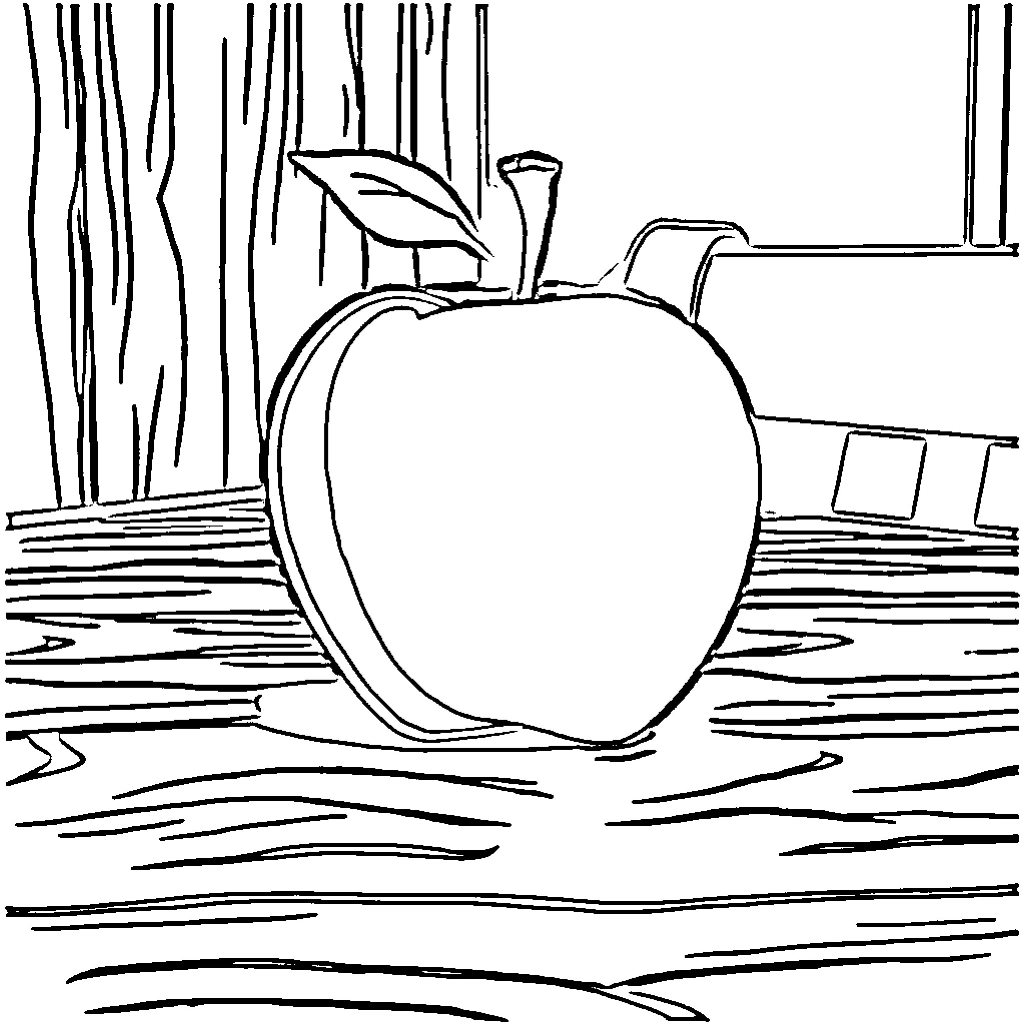 Apple in the Forest Coloring Page (free black-and-white line drawing printable PDF for all, from beginners to advanced learners, including children, teens, adults, and seniors)
