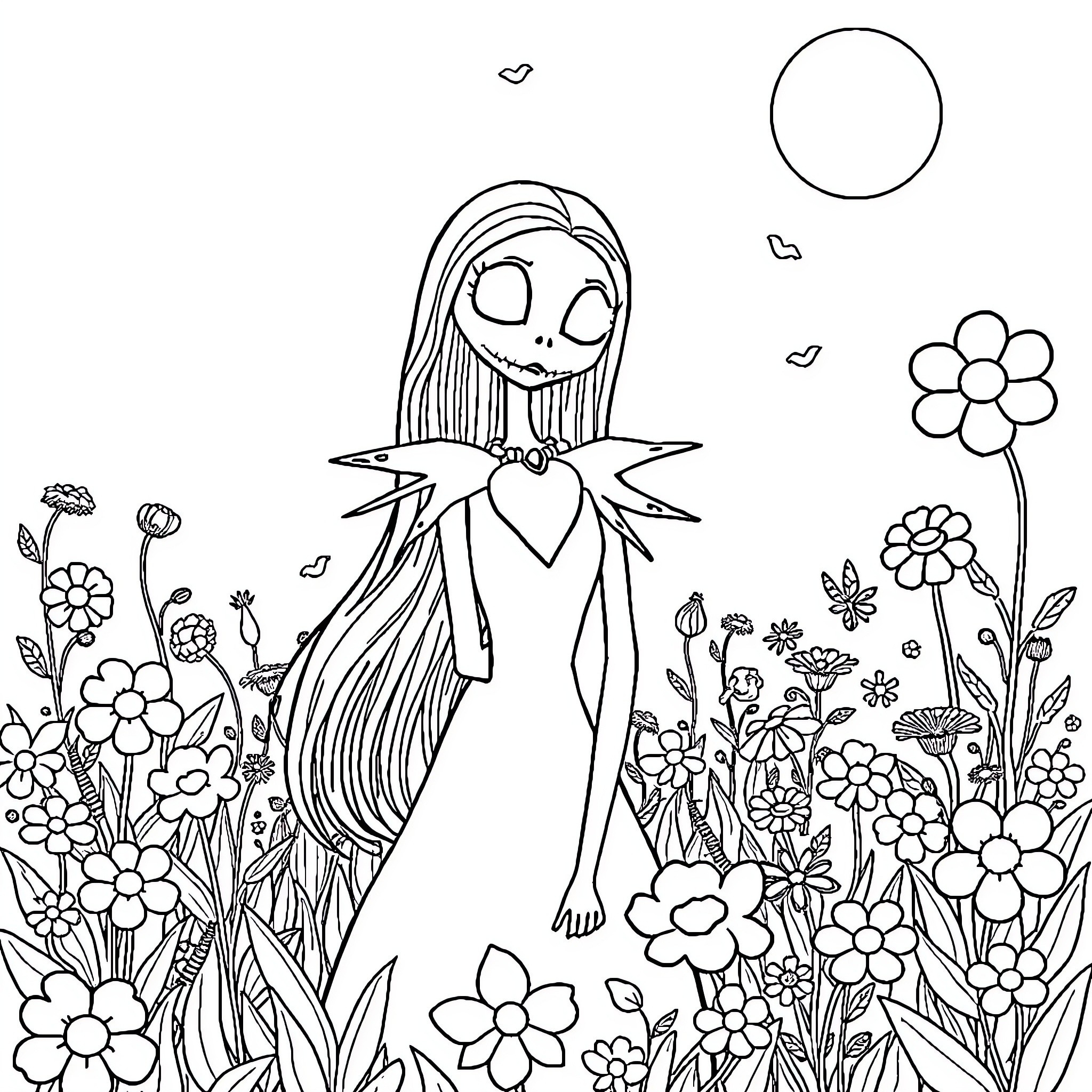 Sally's Whimsical Floral Adventure Coloring Page (free black-and-white line drawing printable PDF for all, from beginners to advanced learners, including children, teens, adults, and seniors)