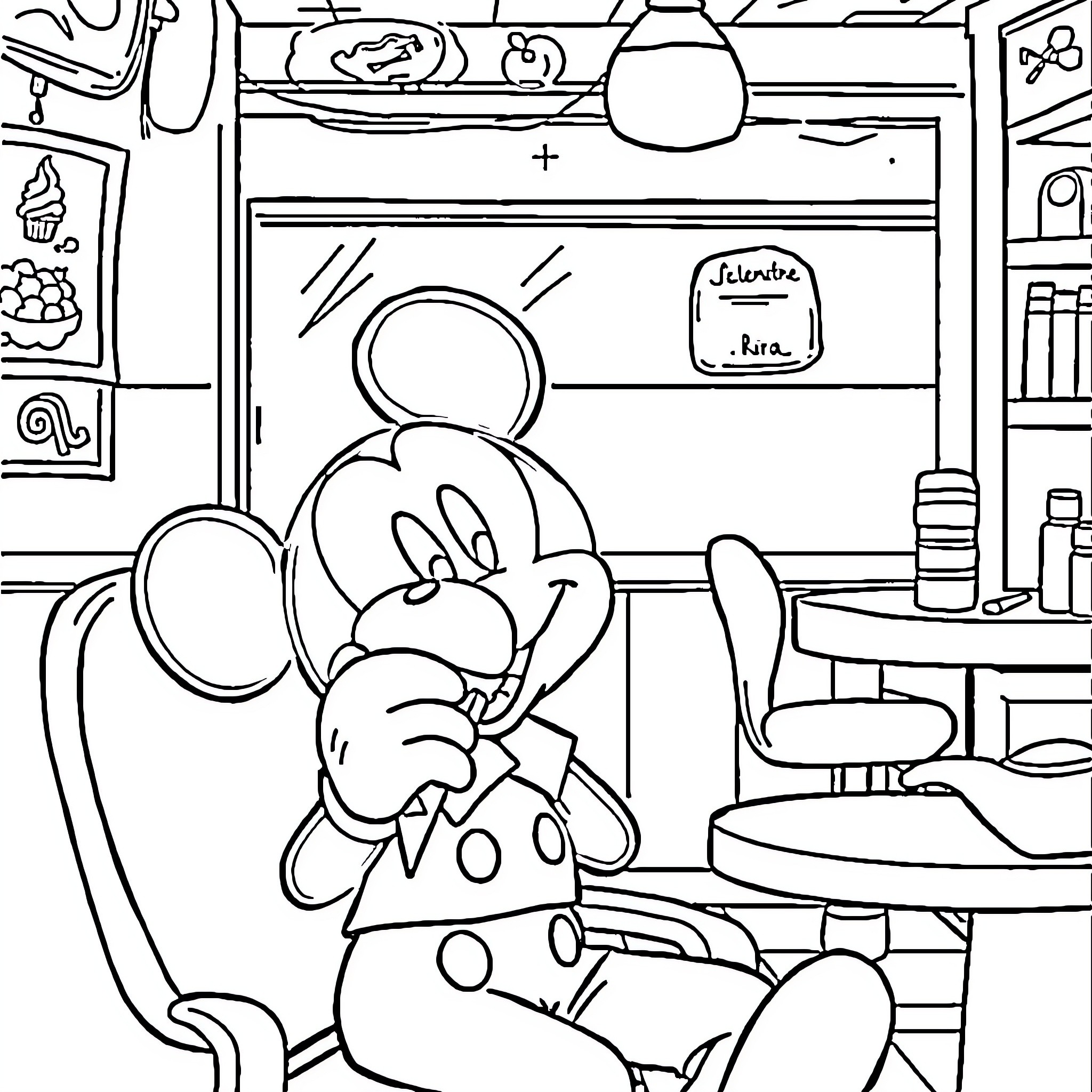 Mickey Mouse cooking in the kitchen Coloring Page (free black-and-white line drawing printable PDF for all, from beginners to advanced learners, including children, teens, adults, and seniors)