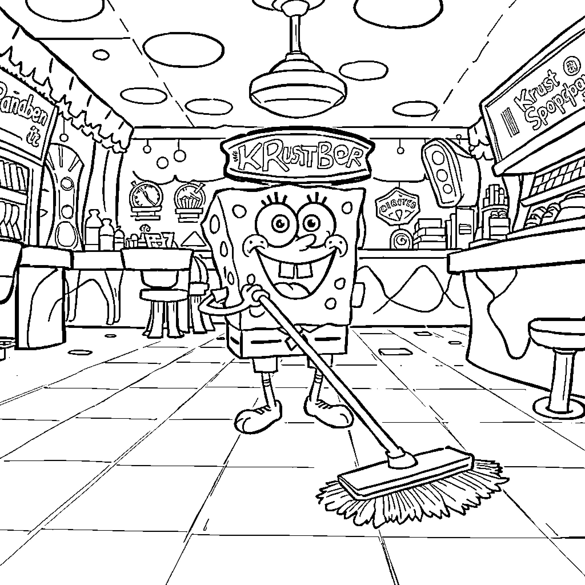 Spongebob cleaning up the Krusty Krab restaurant Coloring Page (free black-and-white line drawing printable PDF for all, from beginners to advanced learners, including children, teens, adults, and seniors)