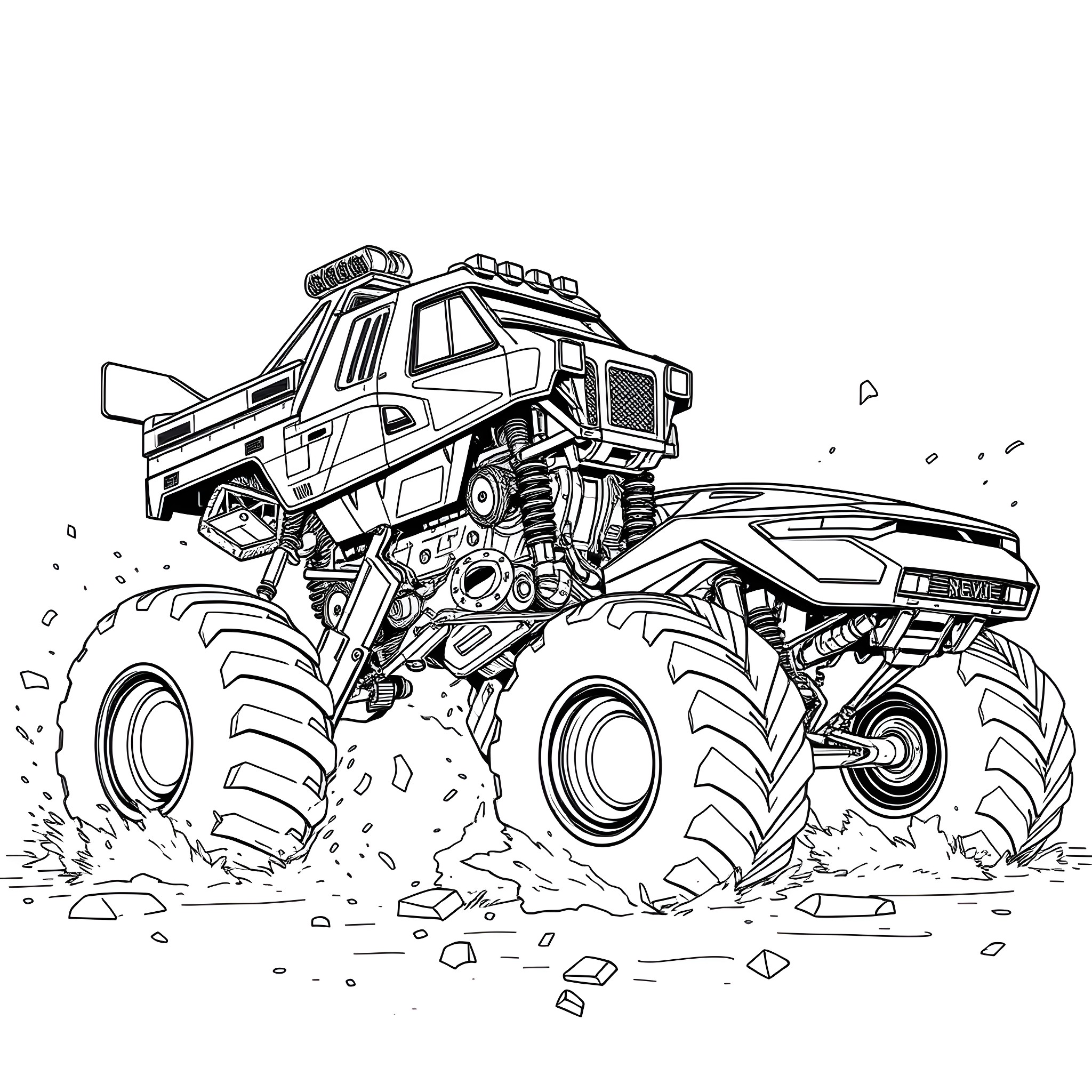 Grave Digger Monster Truck Racing Over Rugged Terrain Coloring Page (free black-and-white line drawing printable PDF for all, from beginners to advanced learners, including children, teens, adults, and seniors)
