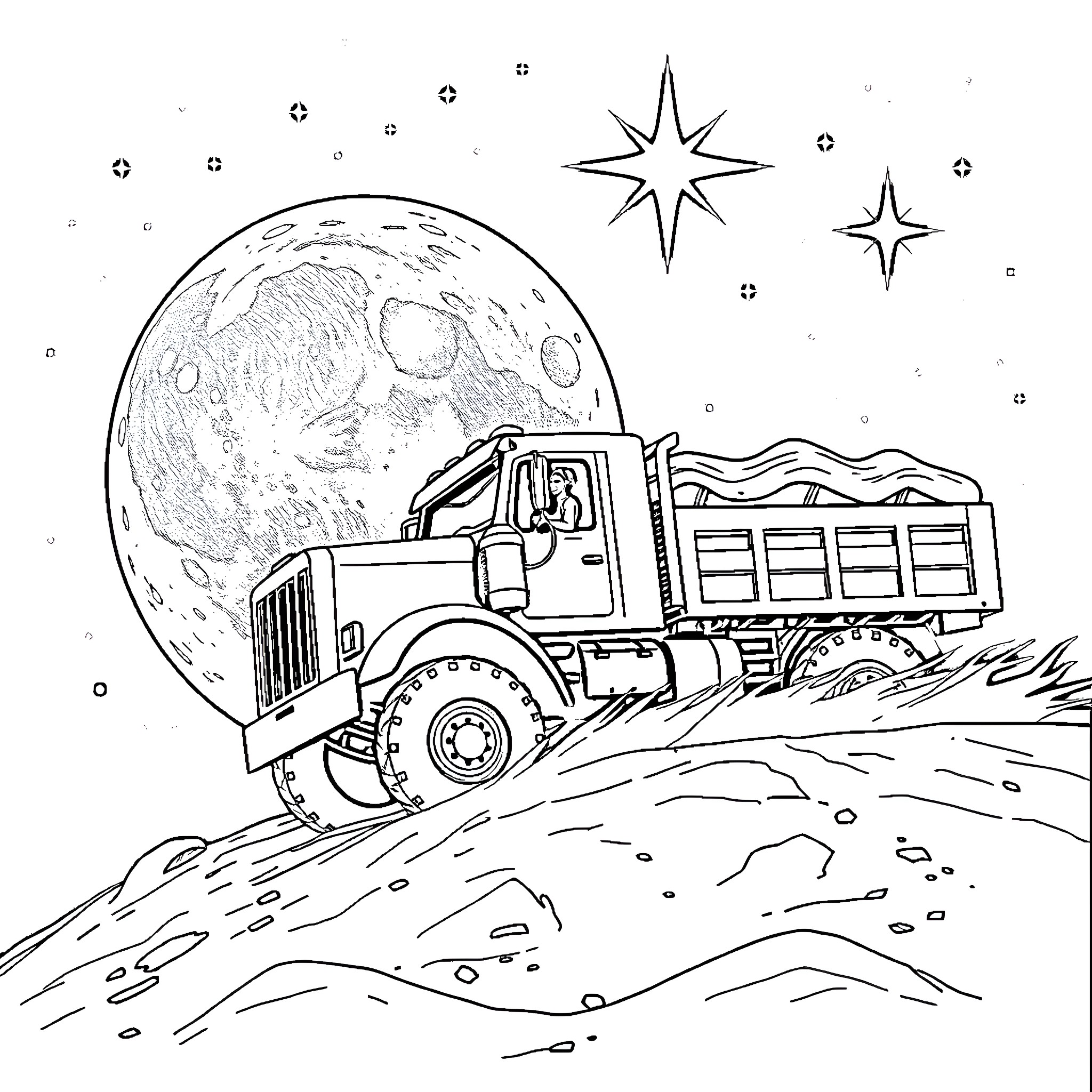 Woman driving a truck in a starry night landscape Coloring Page (free black-and-white line drawing printable PDF for all, from beginners to advanced learners, including children, teens, adults, and seniors)