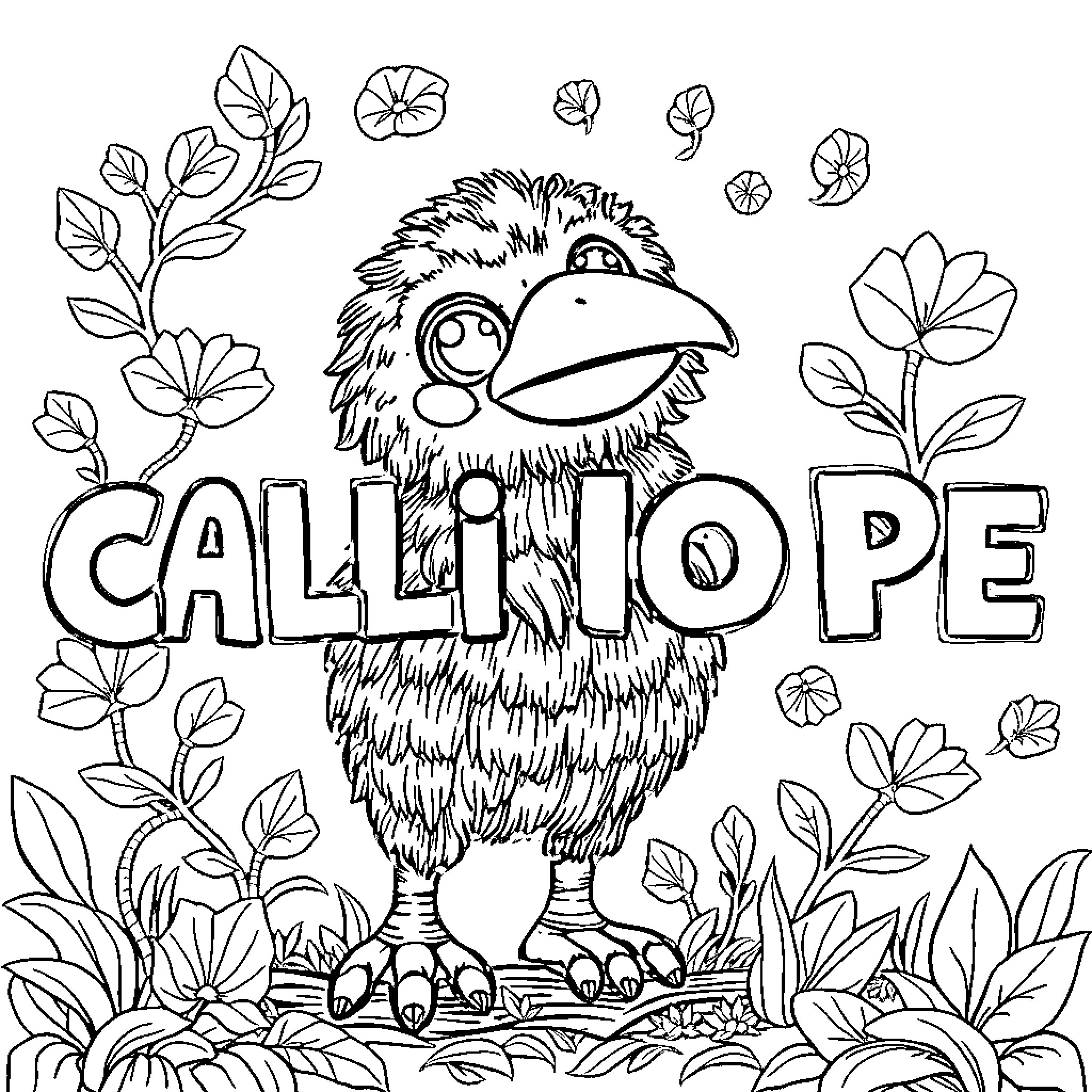 Labubu the Fluffy Creature Surrounded by Flowers Coloring Page (free black-and-white line drawing printable PDF for all, from beginners to advanced learners, including children, teens, adults, and seniors)