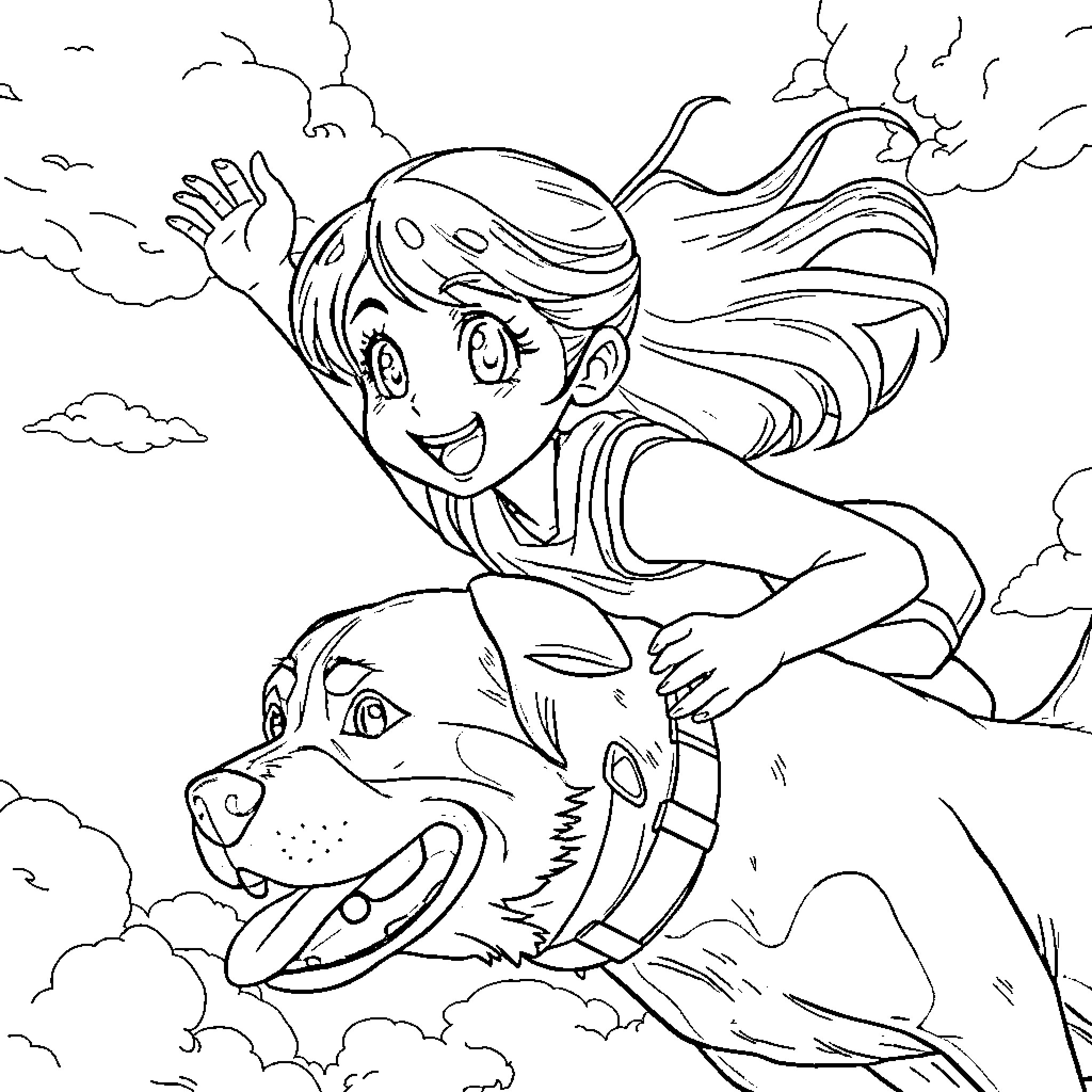 Girl riding a dog in the clouds Coloring Page (free black-and-white line drawing printable PDF for all, from beginners to advanced learners, including children, teens, adults, and seniors)