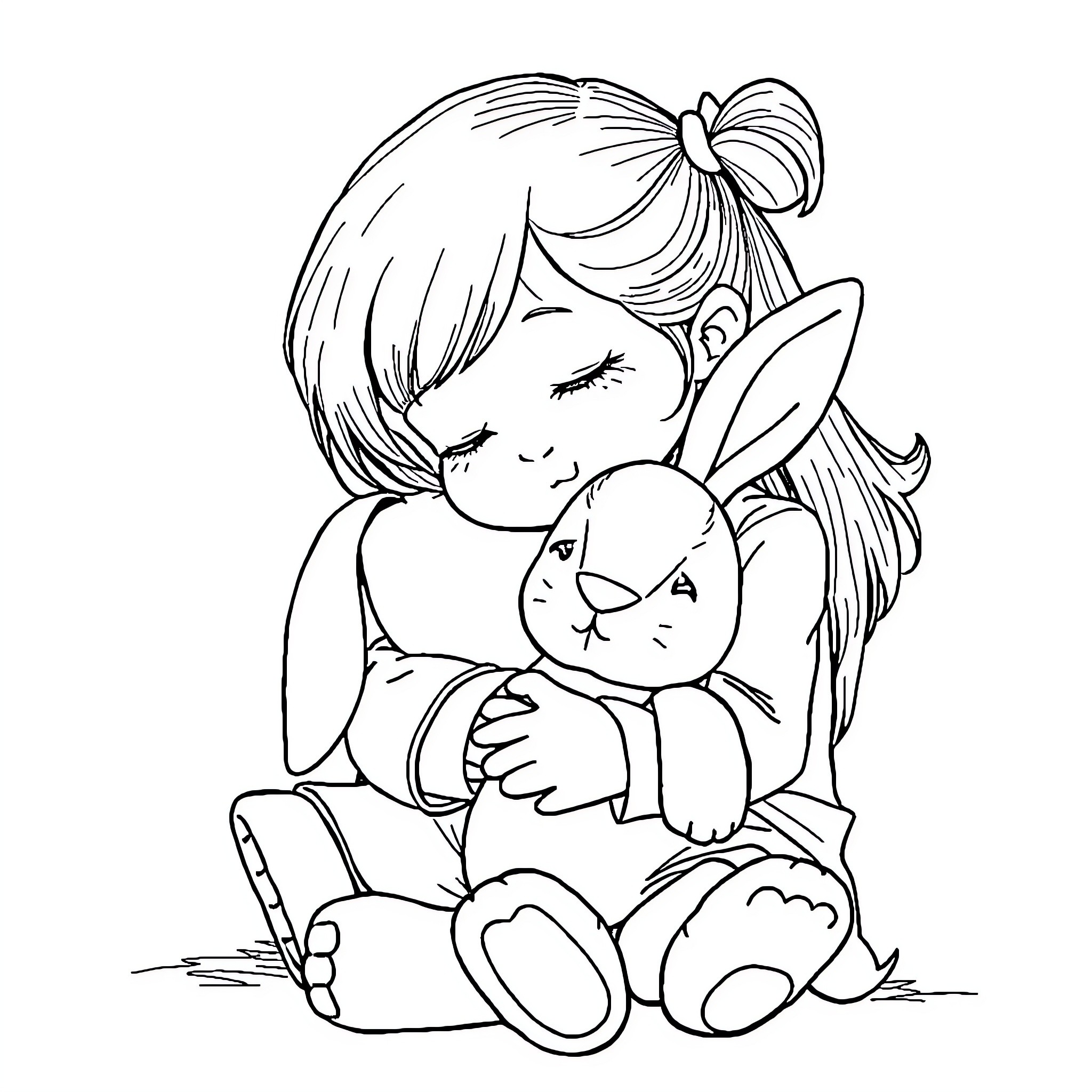 Girl cuddling beloved stuffed bunny toy Coloring Page (free black-and-white line drawing printable PDF for all, from beginners to advanced learners, including children, teens, adults, and seniors)