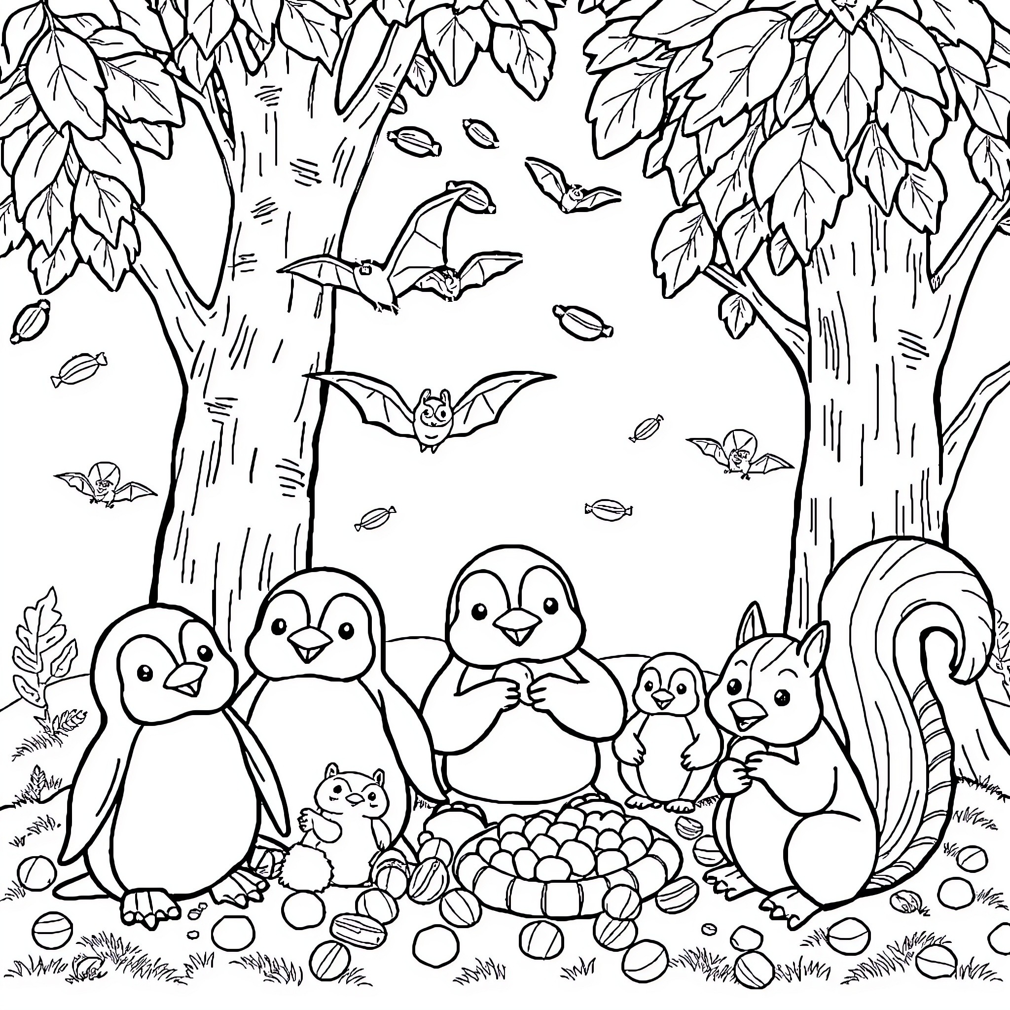 Penguin family enjoying the autumn forest Coloring Page (free black-and-white line drawing printable PDF for all, from beginners to advanced learners, including children, teens, adults, and seniors)