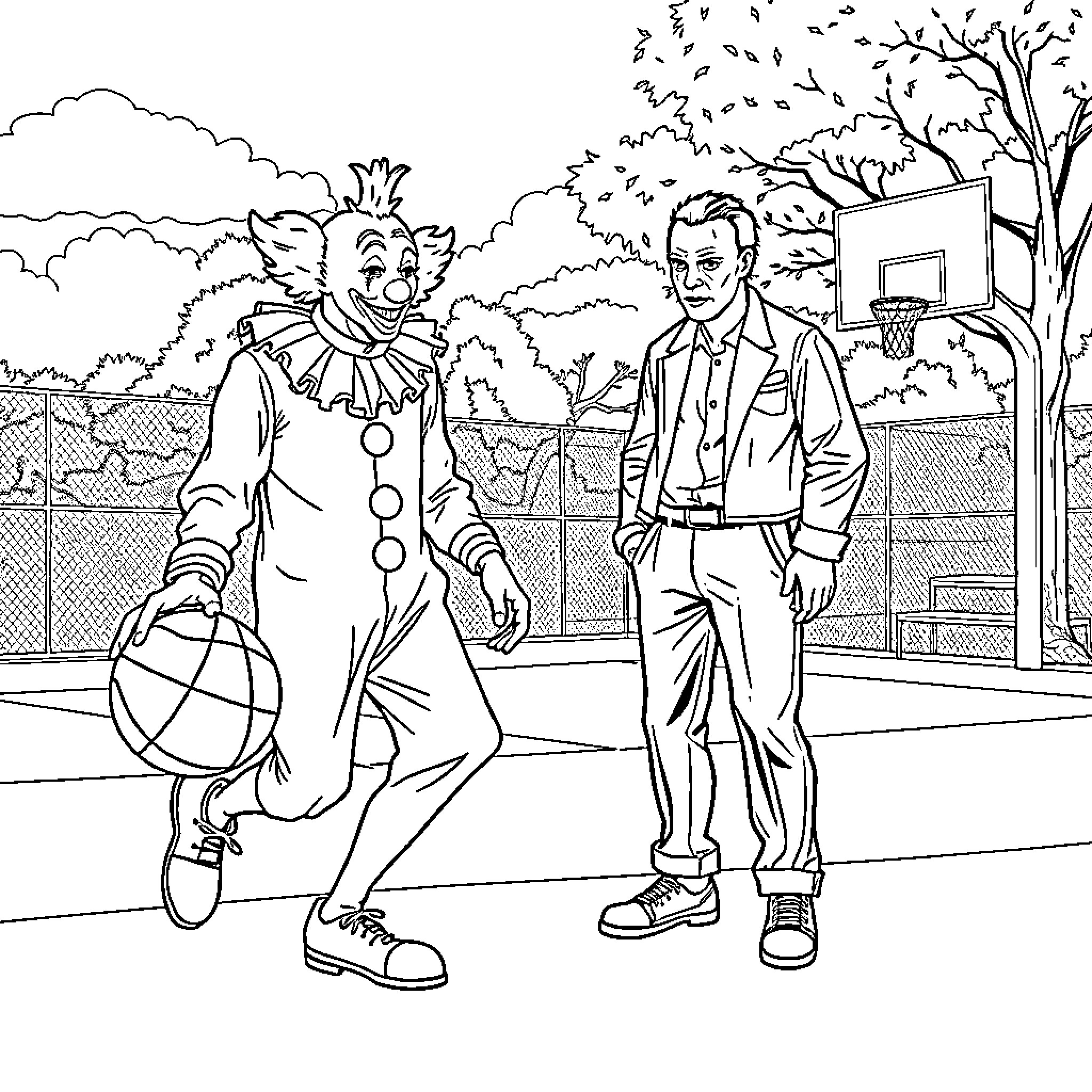 Art The Clown Playing Basketball with a Man Coloring Page (free black-and-white line drawing printable PDF for all, from beginners to advanced learners, including children, teens, adults, and seniors)