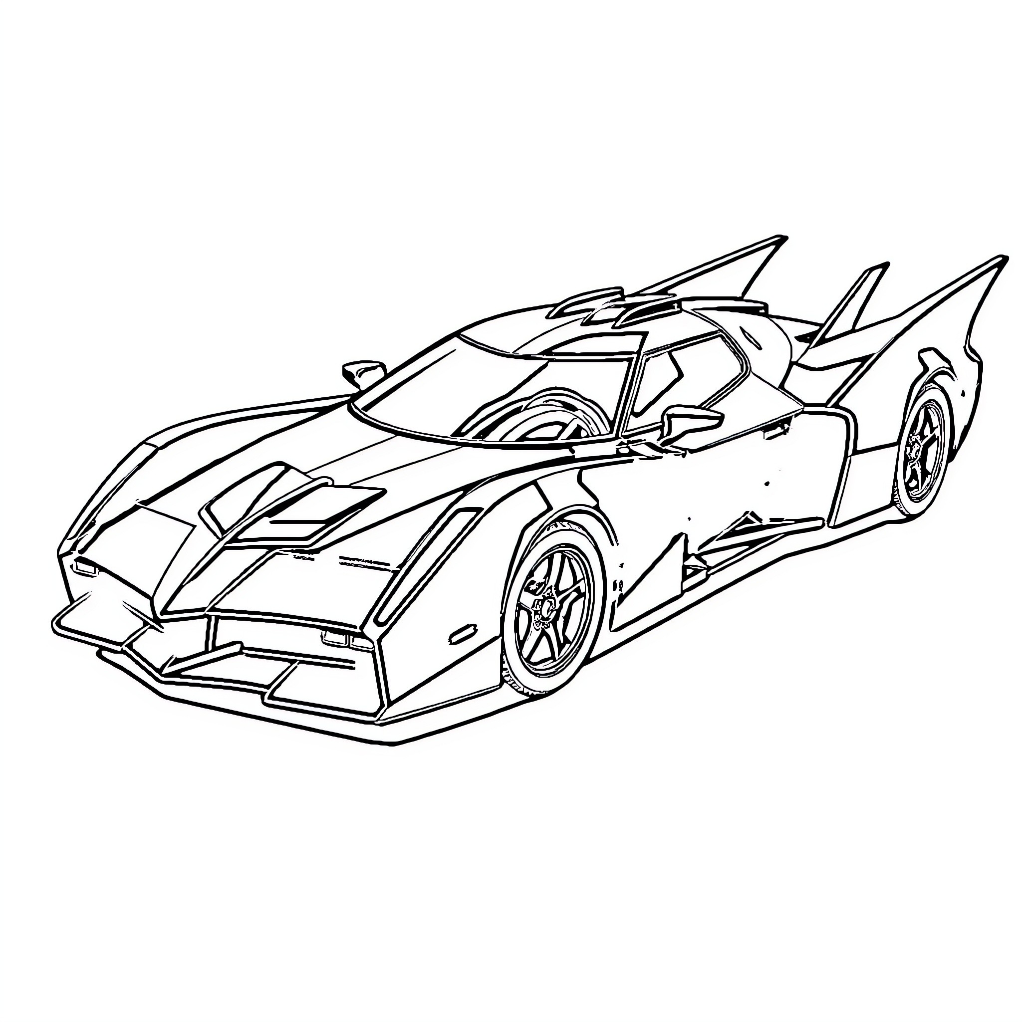 Batmobile sleek and powerful on the road Coloring Page (free black-and-white line drawing printable PDF for all, from beginners to advanced learners, including children, teens, adults, and seniors)