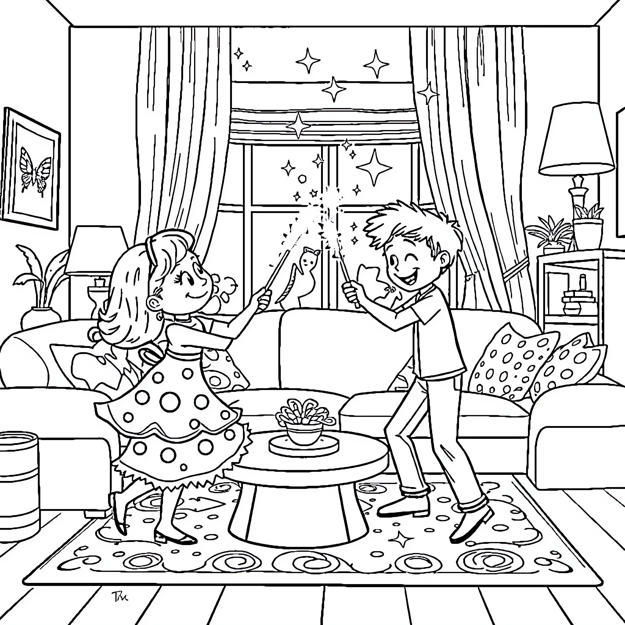 Bluey's birthday party celebration Coloring Page (free black-and-white line drawing printable PDF for all, from beginners to advanced learners, including children, teens, adults, and seniors)