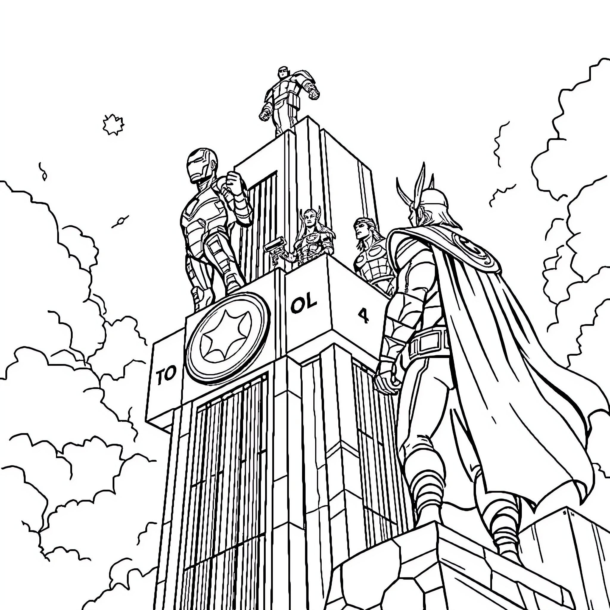 Avengers Tower featuring heroic characters in action Coloring Page (free black-and-white line drawing printable PDF for all, from beginners to advanced learners, including children, teens, adults, and seniors)
