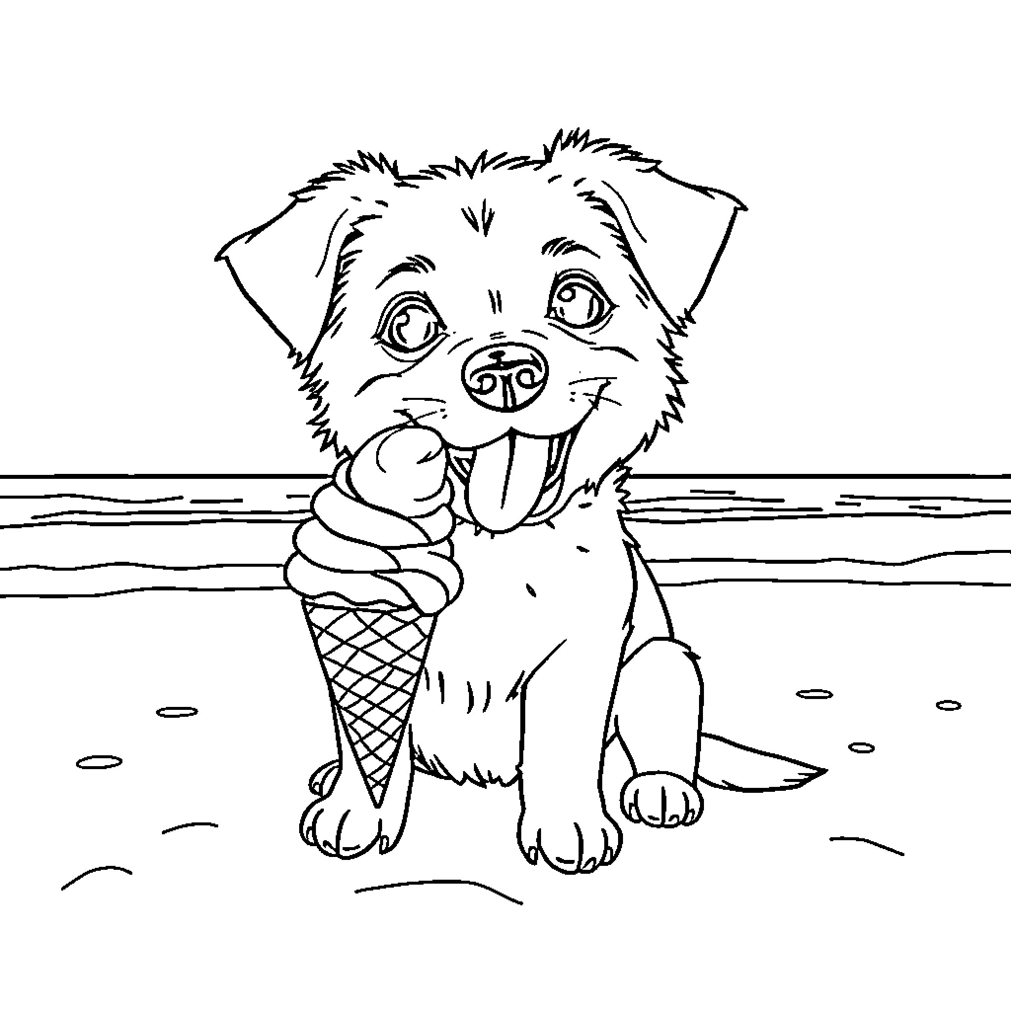 Dog enjoying an ice cream treat on the beach Coloring Page (free black-and-white line drawing printable PDF for all, from beginners to advanced learners, including children, teens, adults, and seniors)