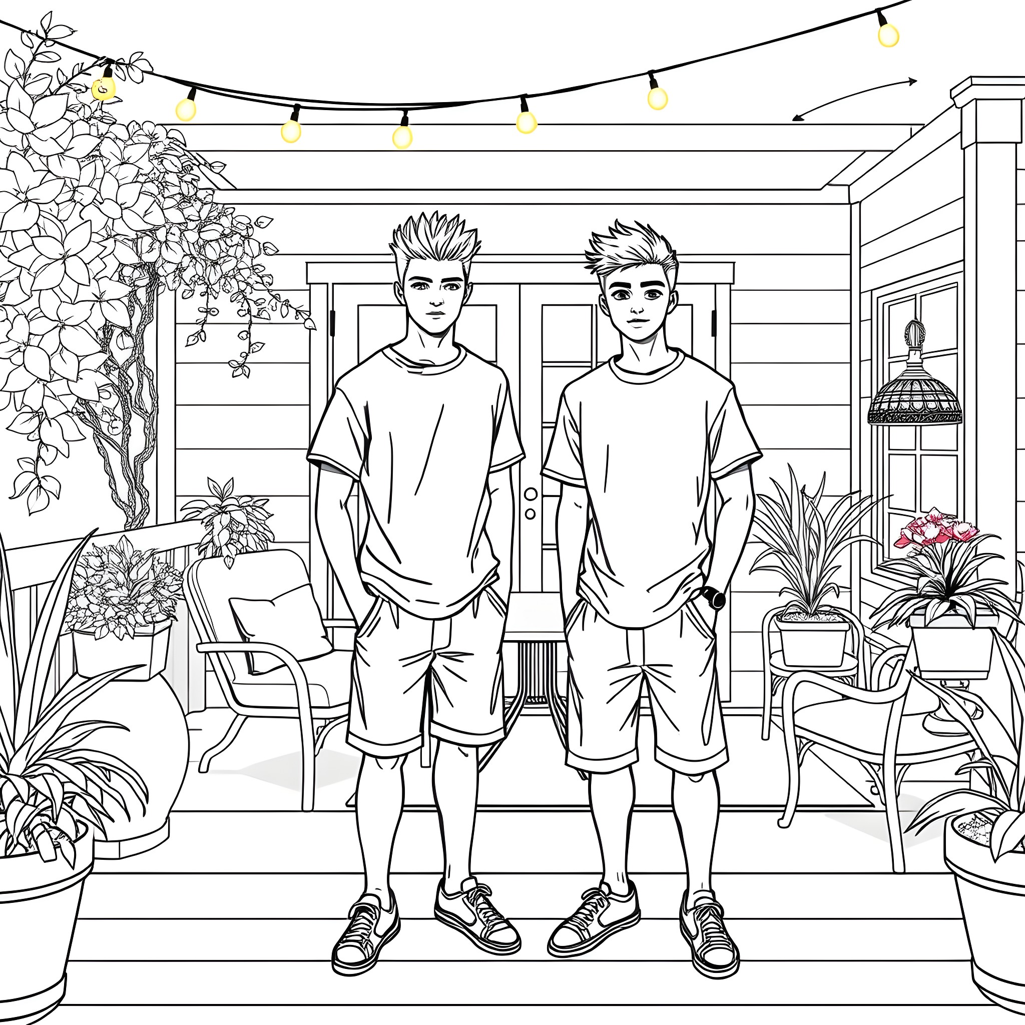Teen Guys on Patio with Plants and Lights Coloring Page (free black-and-white line drawing printable PDF for all, from beginners to advanced learners, including children, teens, adults, and seniors)