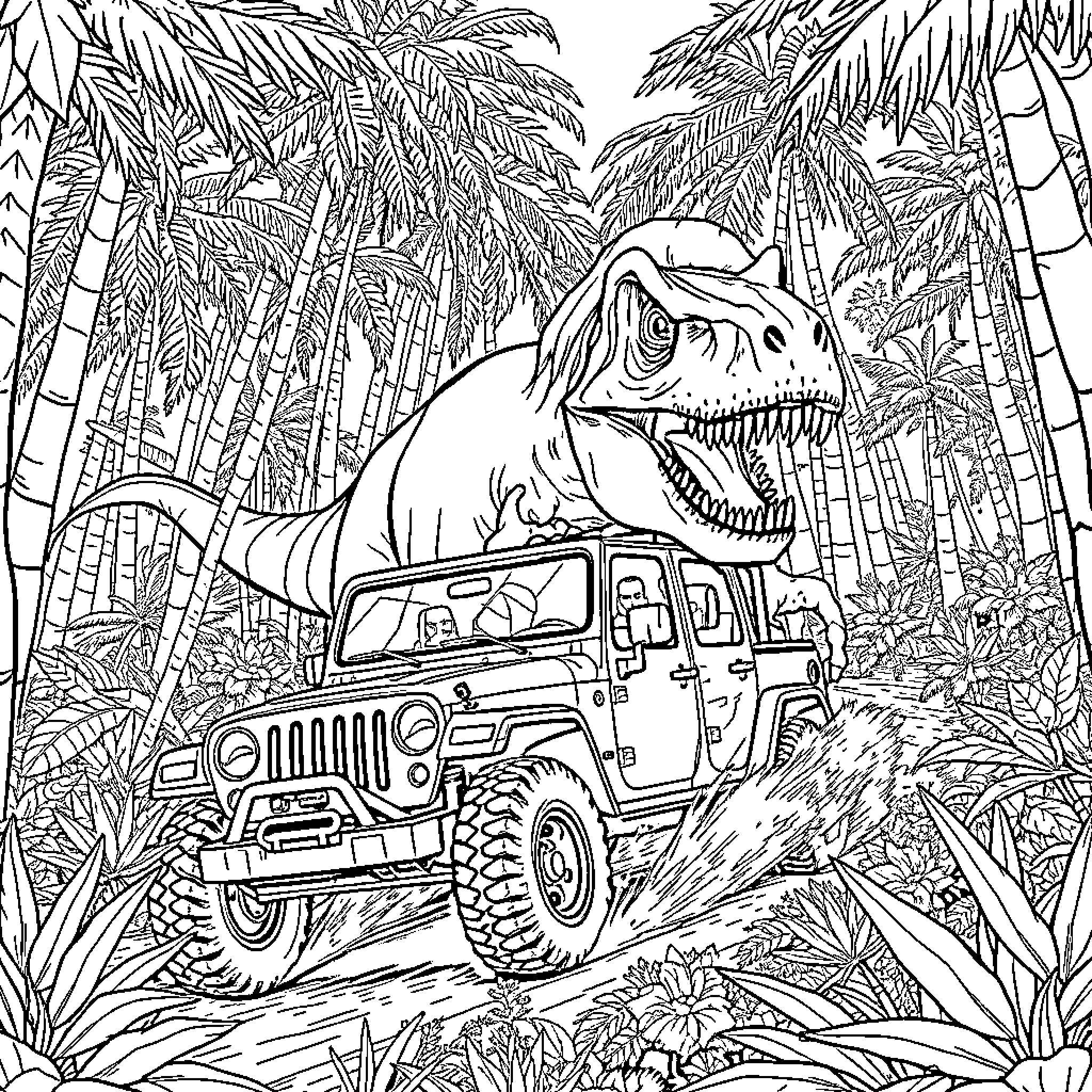 T-Rex chasing jeep in lush jungle Coloring Page (free black-and-white line drawing printable PDF for all, from beginners to advanced learners, including children, teens, adults, and seniors)