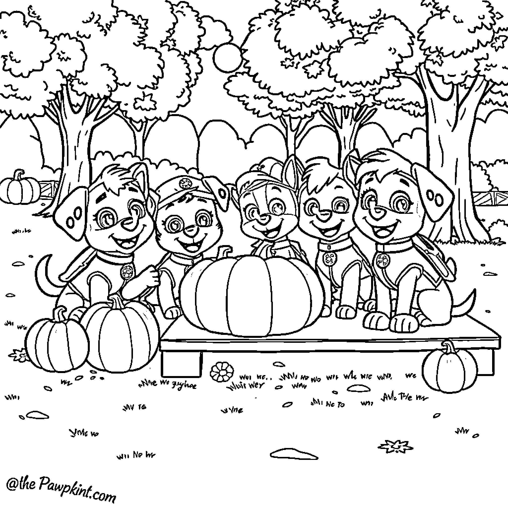 Paw Patrol characters enjoying autumn scenery Coloring Page (free black-and-white line drawing printable PDF for all, from beginners to advanced learners, including children, teens, adults, and seniors)
