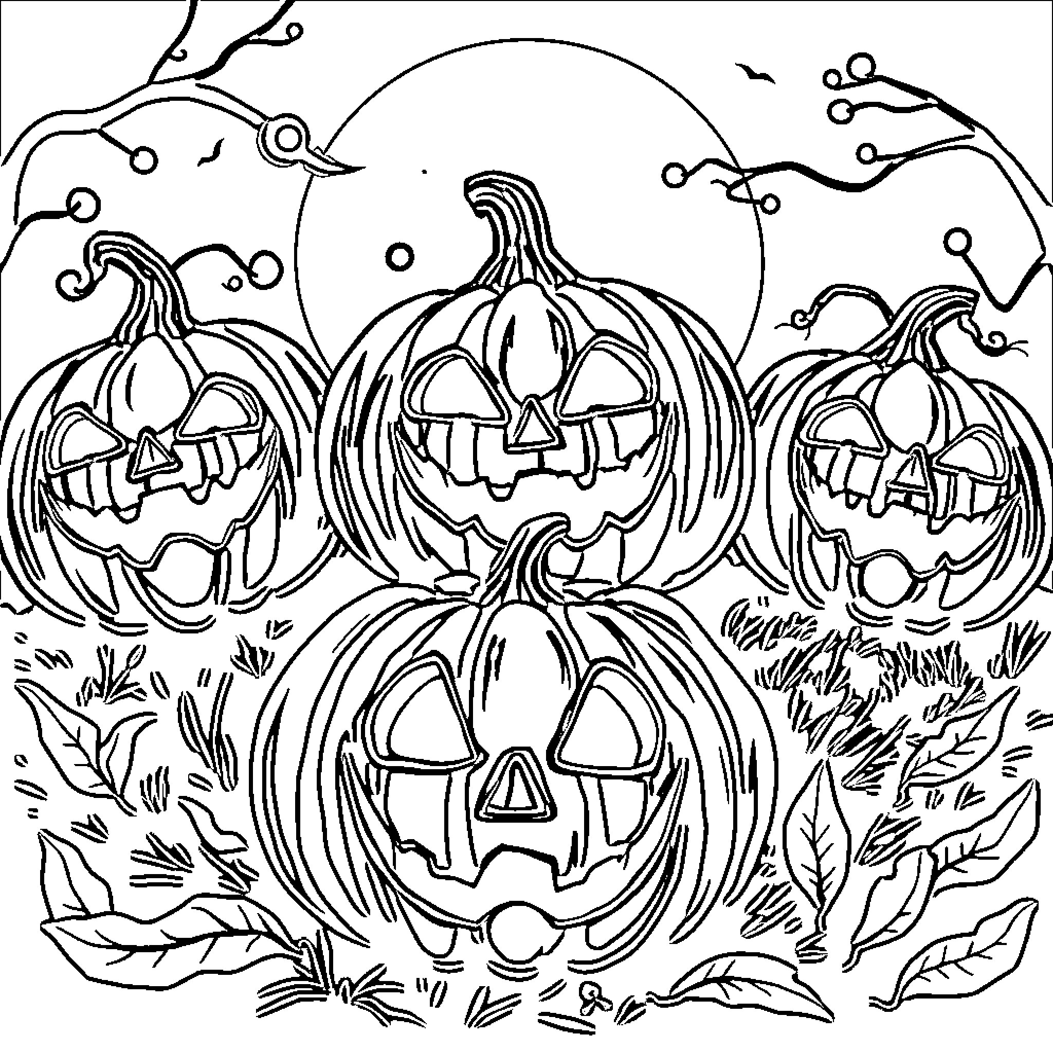 Pumpkin patch with spooky jack-o'-lanterns Coloring Page (free black-and-white line drawing printable PDF for all, from beginners to advanced learners, including children, teens, adults, and seniors)