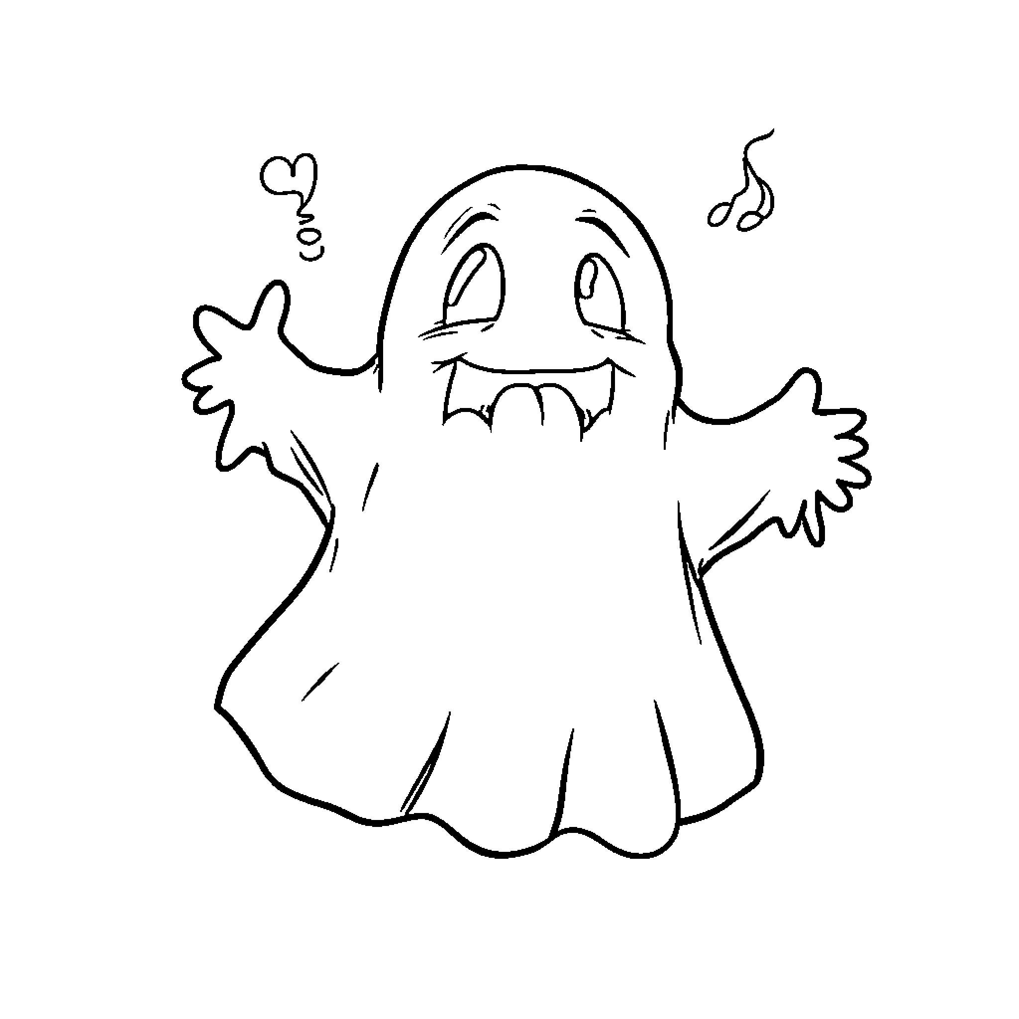 Ghost character expressing playfulness and mischief Coloring Page (free black-and-white line drawing printable PDF for all, from beginners to advanced learners, including children, teens, adults, and seniors)