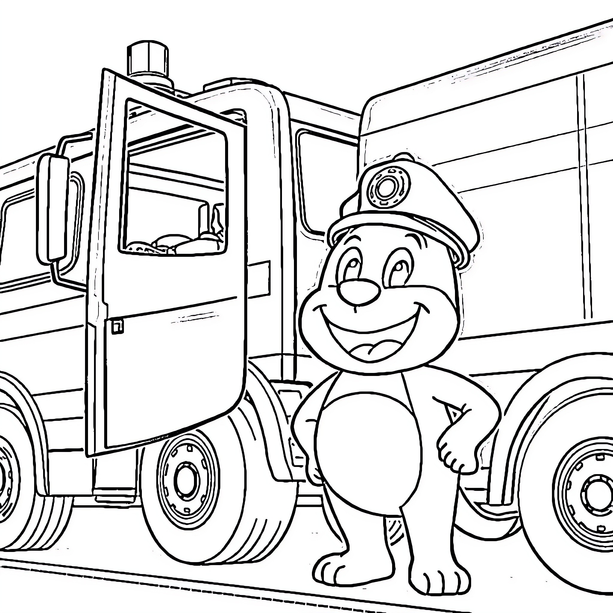 Marcus, the Friendly Fire Engine Driver Coloring Page (free black-and-white line drawing printable PDF for all, from beginners to advanced learners, including children, teens, adults, and seniors)