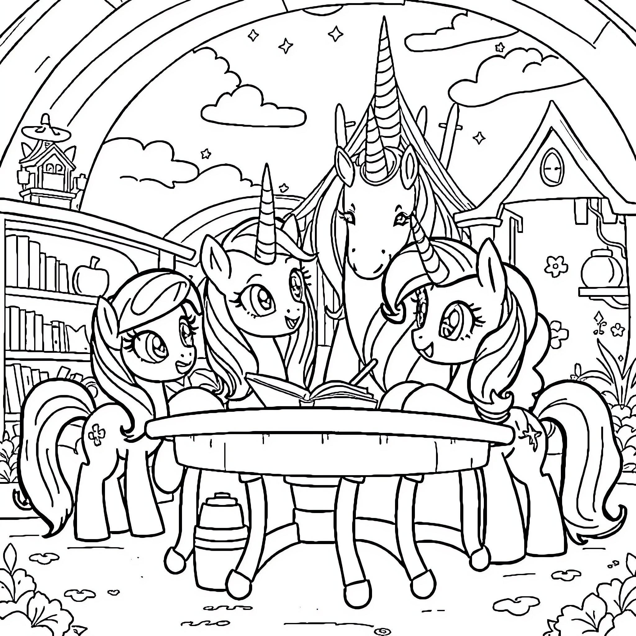 Pony friends enjoying a magical tea party Coloring Page (free black-and-white line drawing printable PDF for all, from beginners to advanced learners, including children, teens, adults, and seniors)