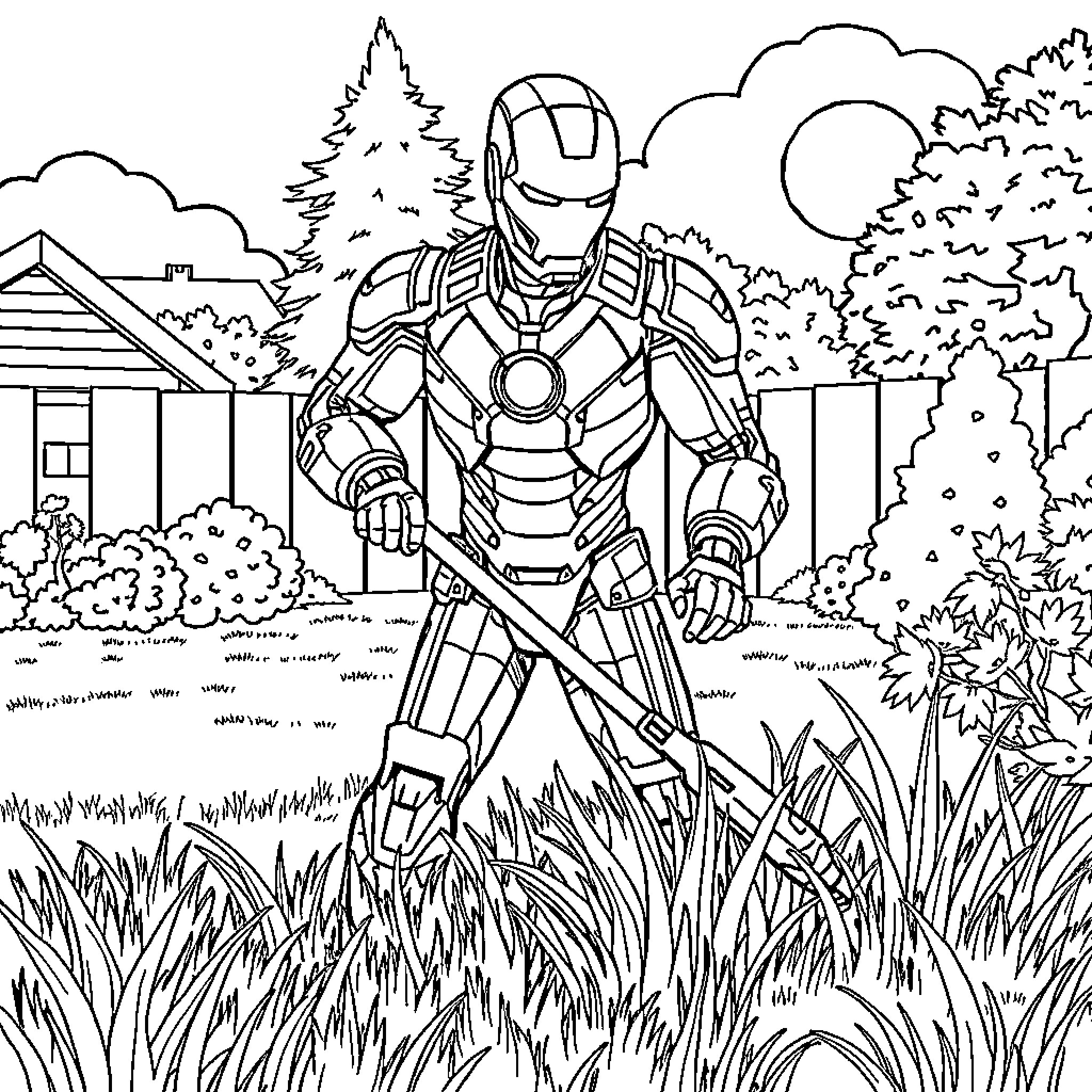Ironman stands heroically in a lush outdoor scene Coloring Page (free black-and-white line drawing printable PDF for all, from beginners to advanced learners, including children, teens, adults, and seniors)