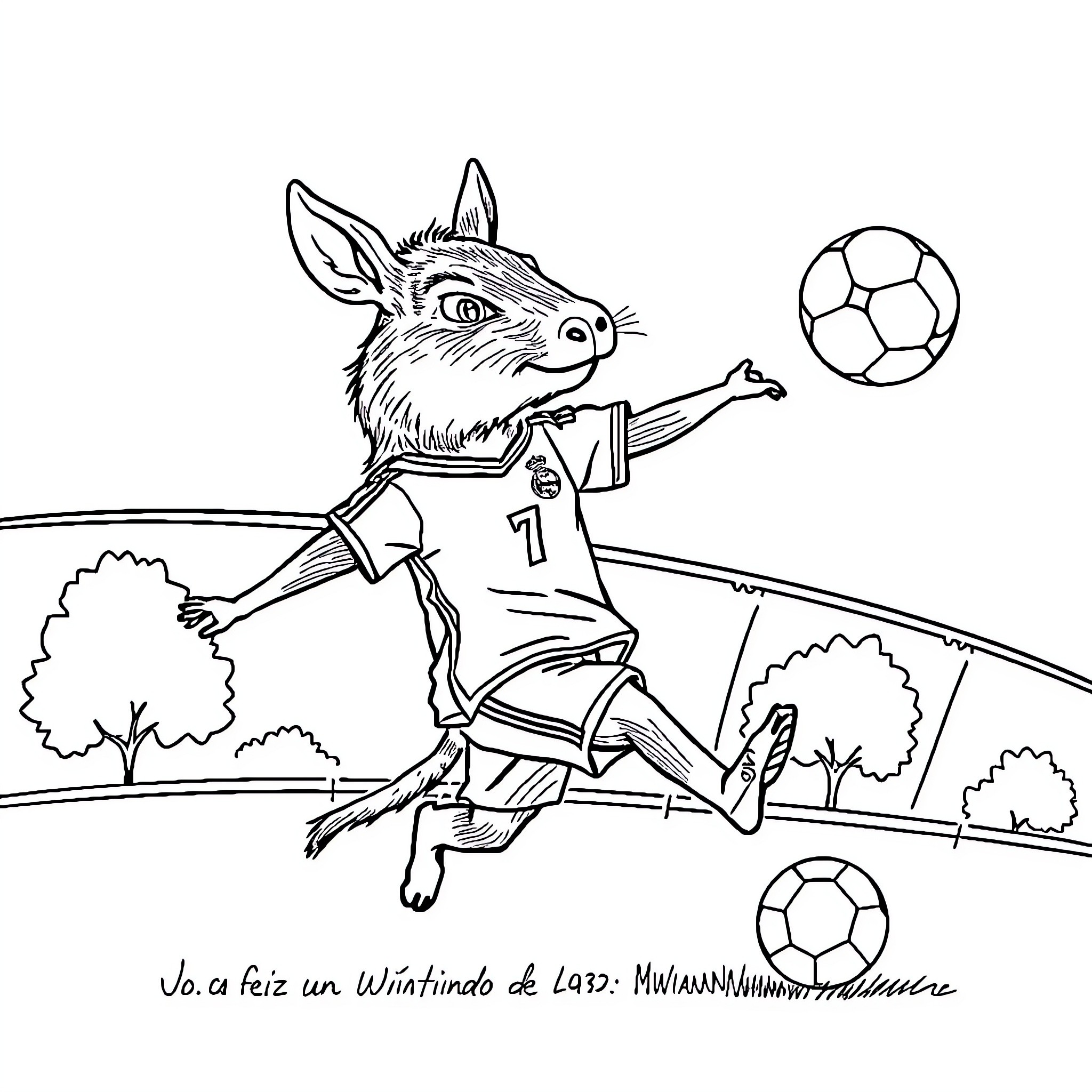 Capybara playing soccer on the field Coloring Page (free black-and-white line drawing printable PDF for all, from beginners to advanced learners, including children, teens, adults, and seniors)