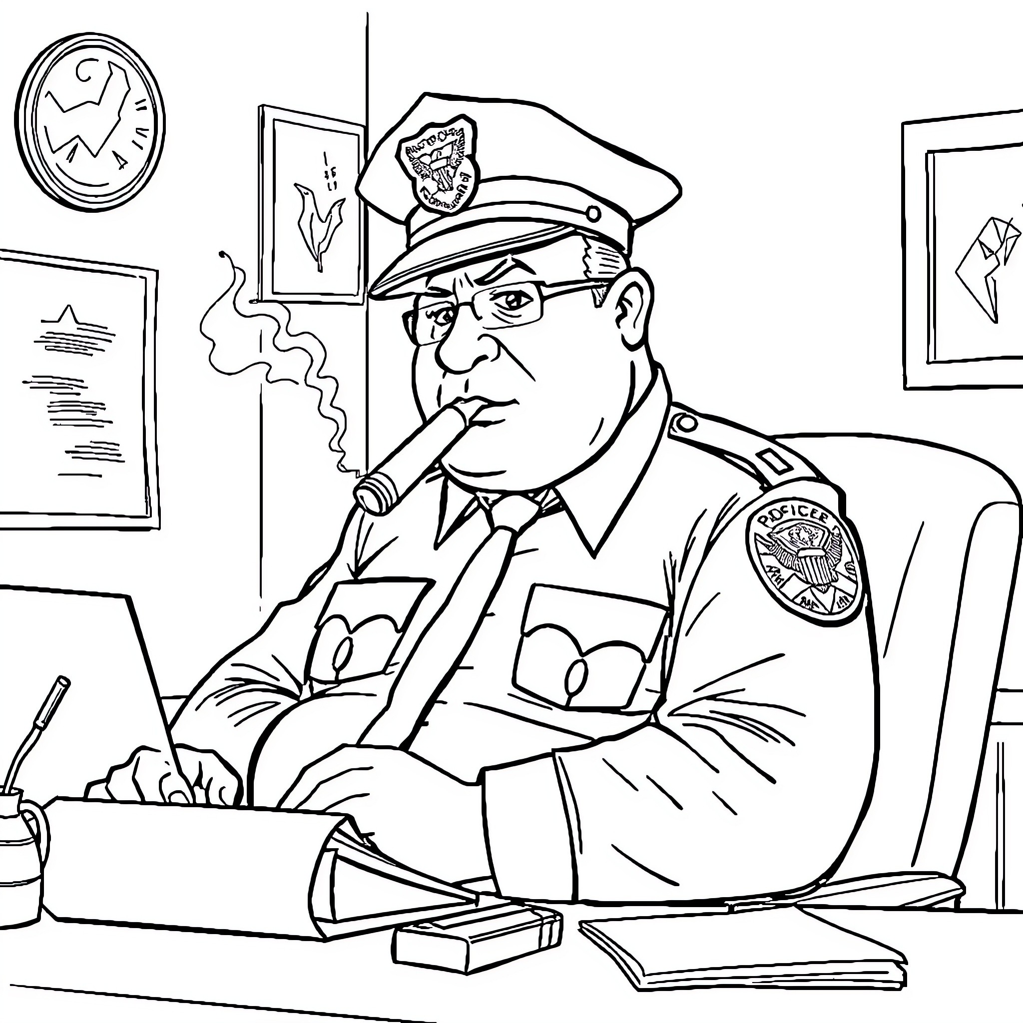 Chief Police Officer Sitting at Desk Coloring Page (free black-and-white line drawing printable PDF for all, from beginners to advanced learners, including children, teens, adults, and seniors)
