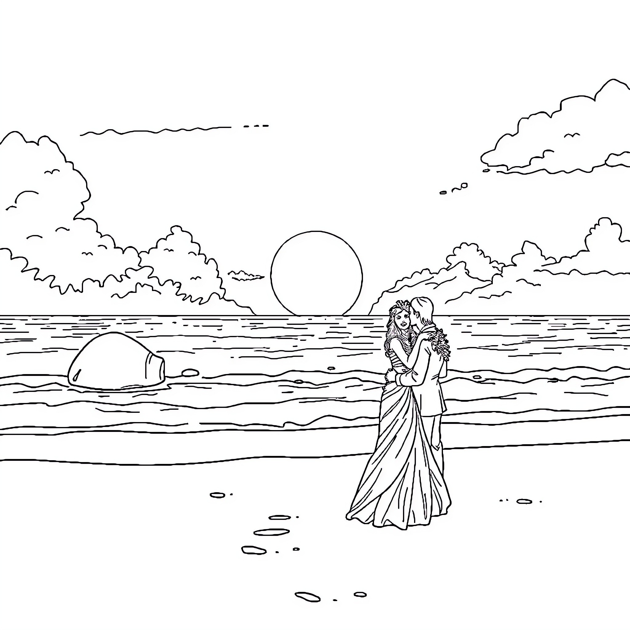 Hawaiian couple embracing on a moonlit beach Coloring Page (free black-and-white line drawing printable PDF for all, from beginners to advanced learners, including children, teens, adults, and seniors)
