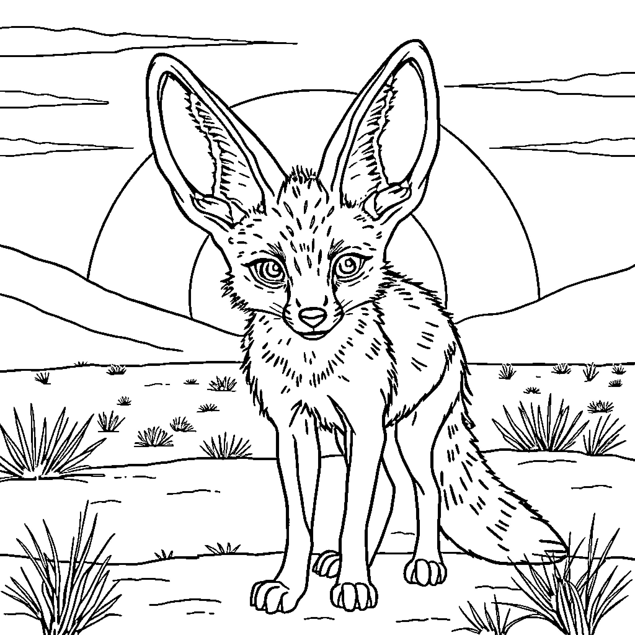 Fennec Fox sitting in the desert landscape Coloring Page (free black-and-white line drawing printable PDF for all, from beginners to advanced learners, including children, teens, adults, and seniors)
