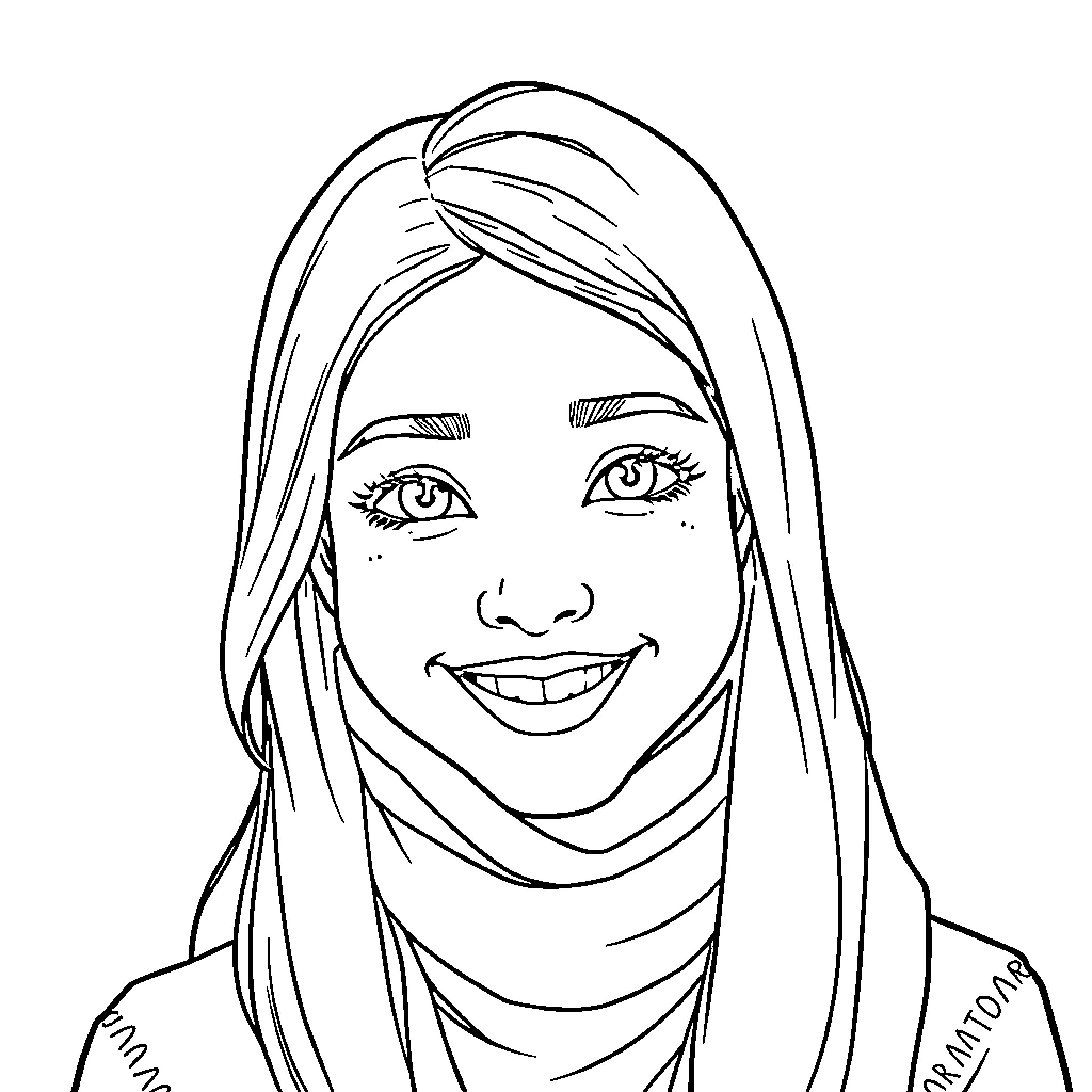 ROUMI smiling woman in hijab Coloring Page (free black-and-white line drawing printable PDF for all, from beginners to advanced learners, including children, teens, adults, and seniors)
