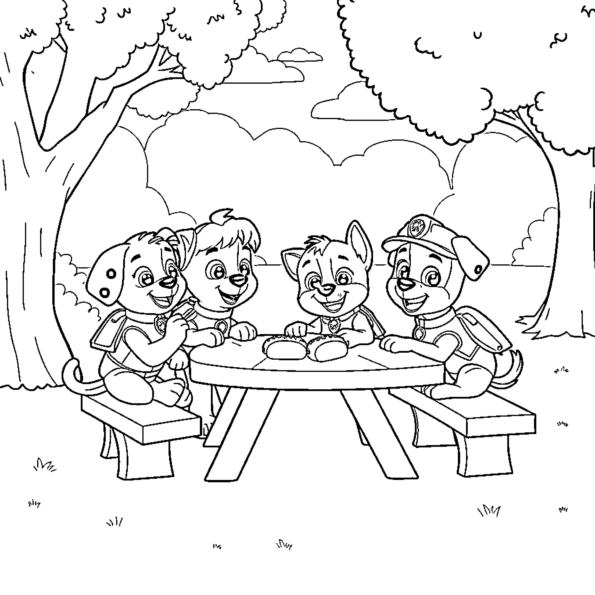 Paw Patrol puppies having a picnic in the park Coloring Page (free black-and-white line drawing printable PDF for all, from beginners to advanced learners, including children, teens, adults, and seniors)