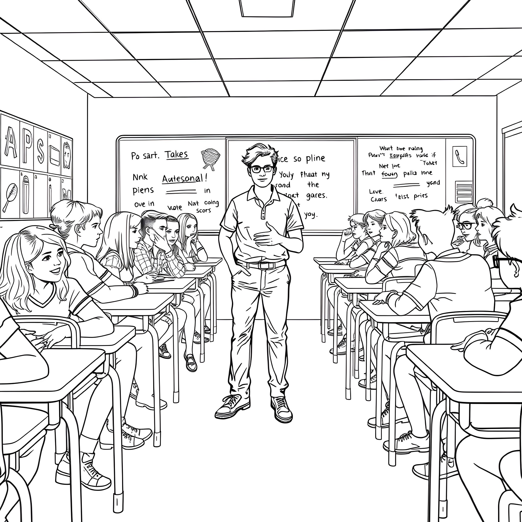 Classroom Scenes with Engaged Students and Teacher Coloring Page (free black-and-white line drawing printable PDF for all, from beginners to advanced learners, including children, teens, adults, and seniors)
