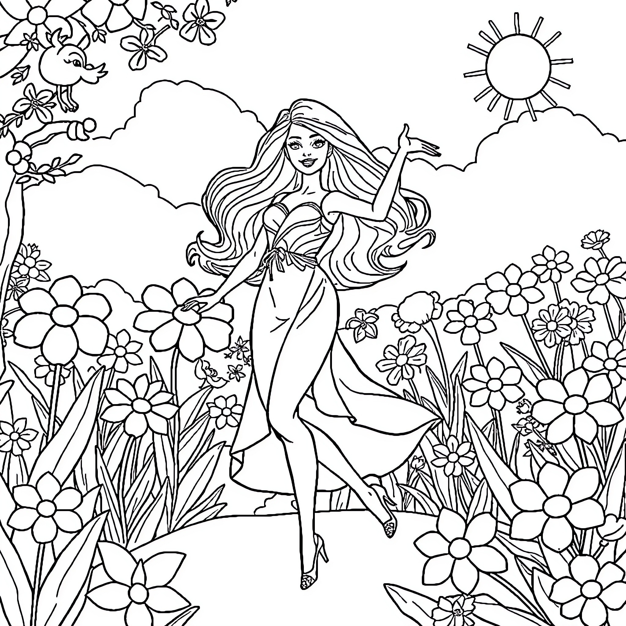 Barbie enjoying nature's beauty in the garden Coloring Page (free black-and-white line drawing printable PDF for all, from beginners to advanced learners, including children, teens, adults, and seniors)