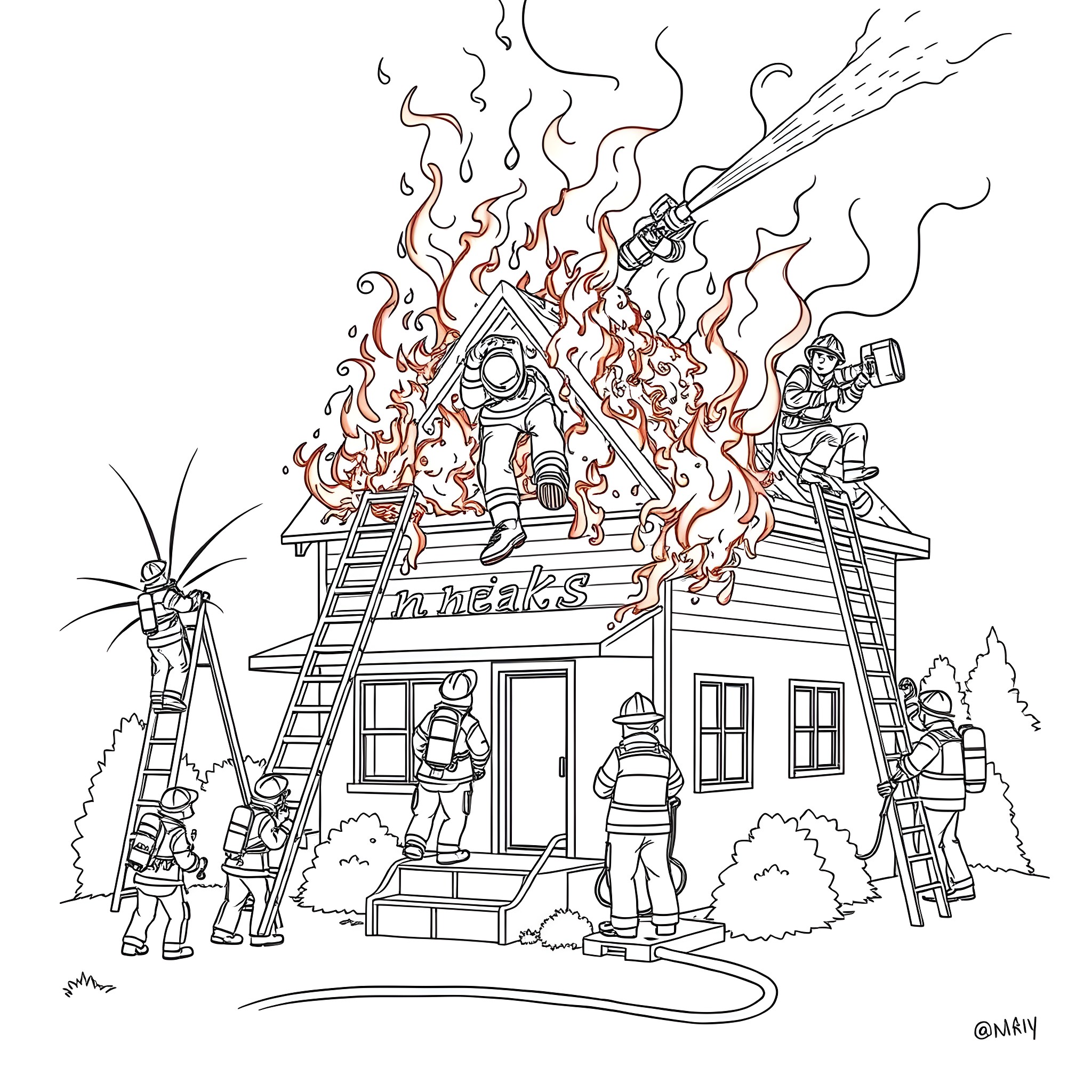 Firefighters bravely battling a blaze at a burning building Coloring Page (free black-and-white line drawing printable PDF for all, from beginners to advanced learners, including children, teens, adults, and seniors)