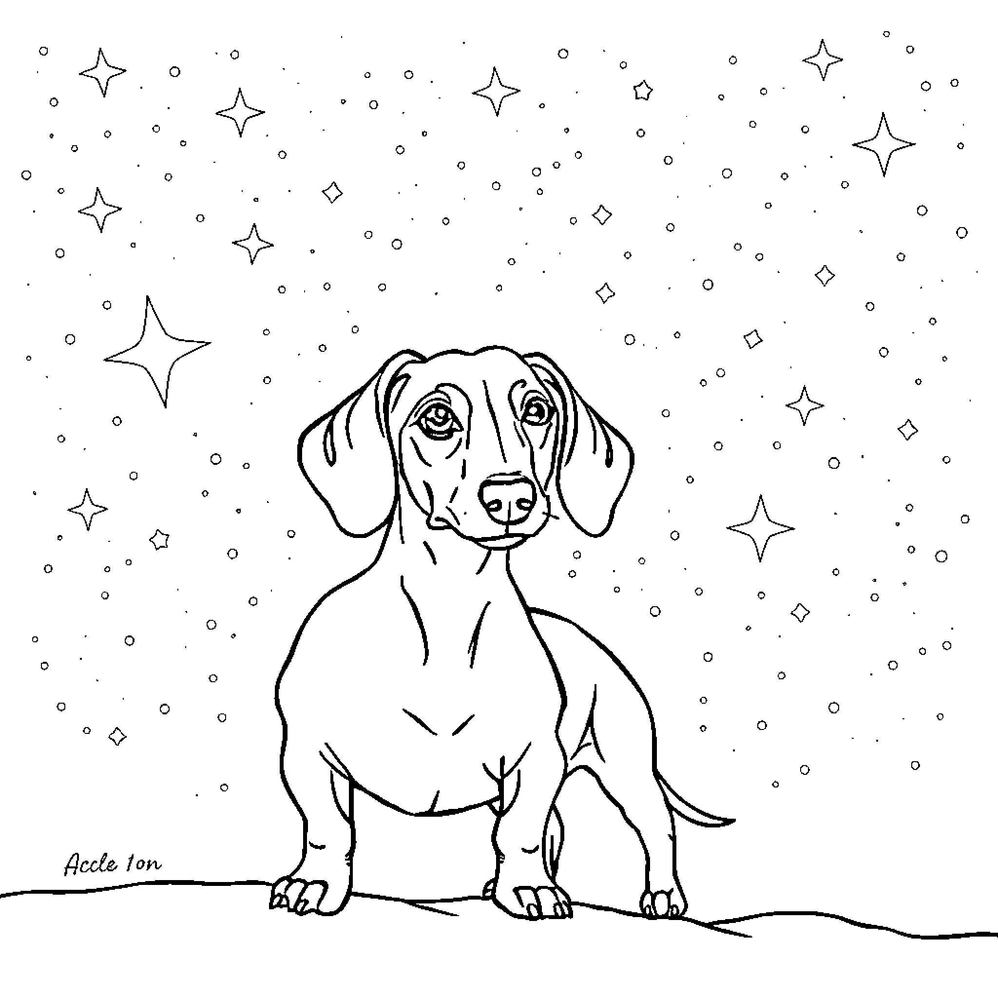 Dachshund gazing up at the starry night sky Coloring Page (free black-and-white line drawing printable PDF for all, from beginners to advanced learners, including children, teens, adults, and seniors)