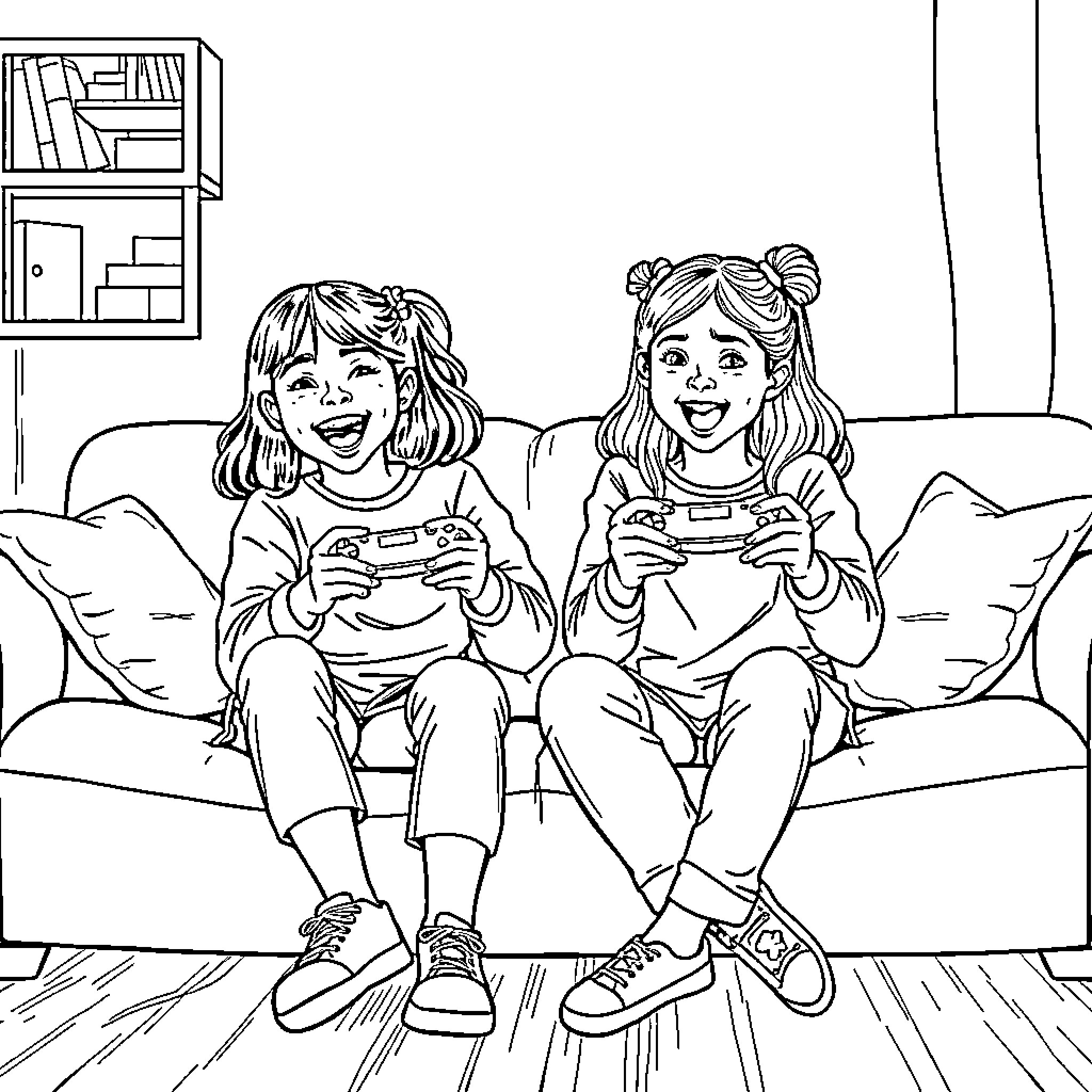 Sisters enjoying video games together Coloring Page (free black-and-white line drawing printable PDF for all, from beginners to advanced learners, including children, teens, adults, and seniors)