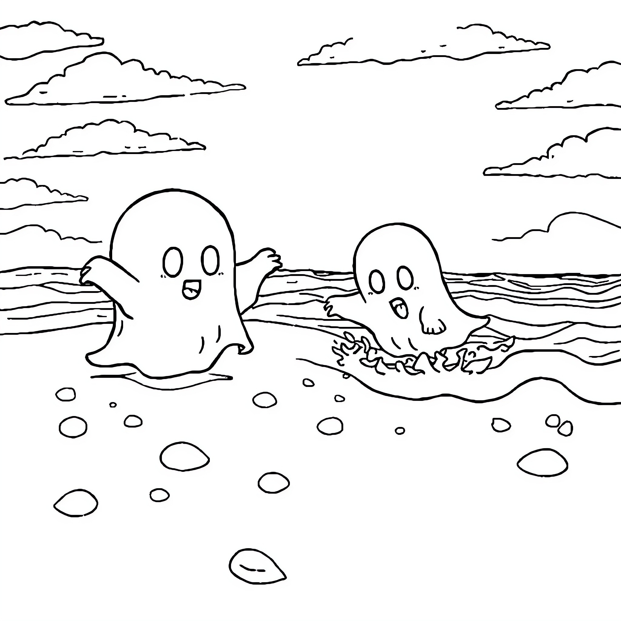 Ghost-like Creatures Frolicking by the Shoreline Coloring Page (free black-and-white line drawing printable PDF for all, from beginners to advanced learners, including children, teens, adults, and seniors)