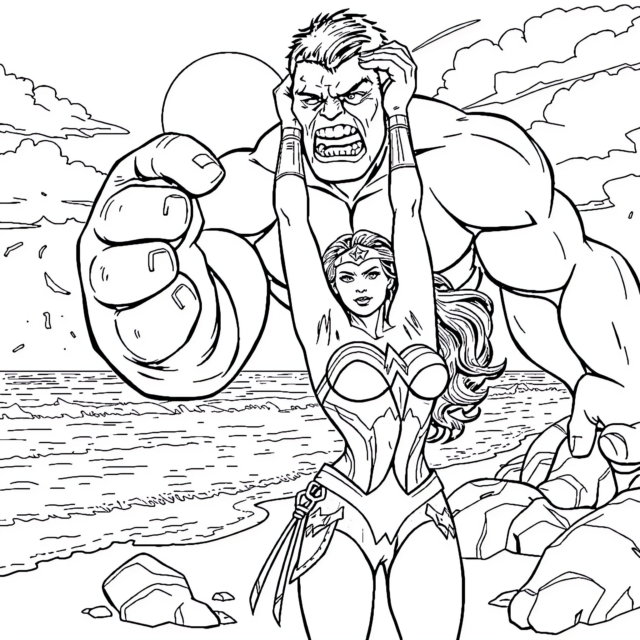 Wonder Woman battles a giant muscular figure in a dramatic scene Coloring Page (free black-and-white line drawing printable PDF for all, from beginners to advanced learners, including children, teens, adults, and seniors)