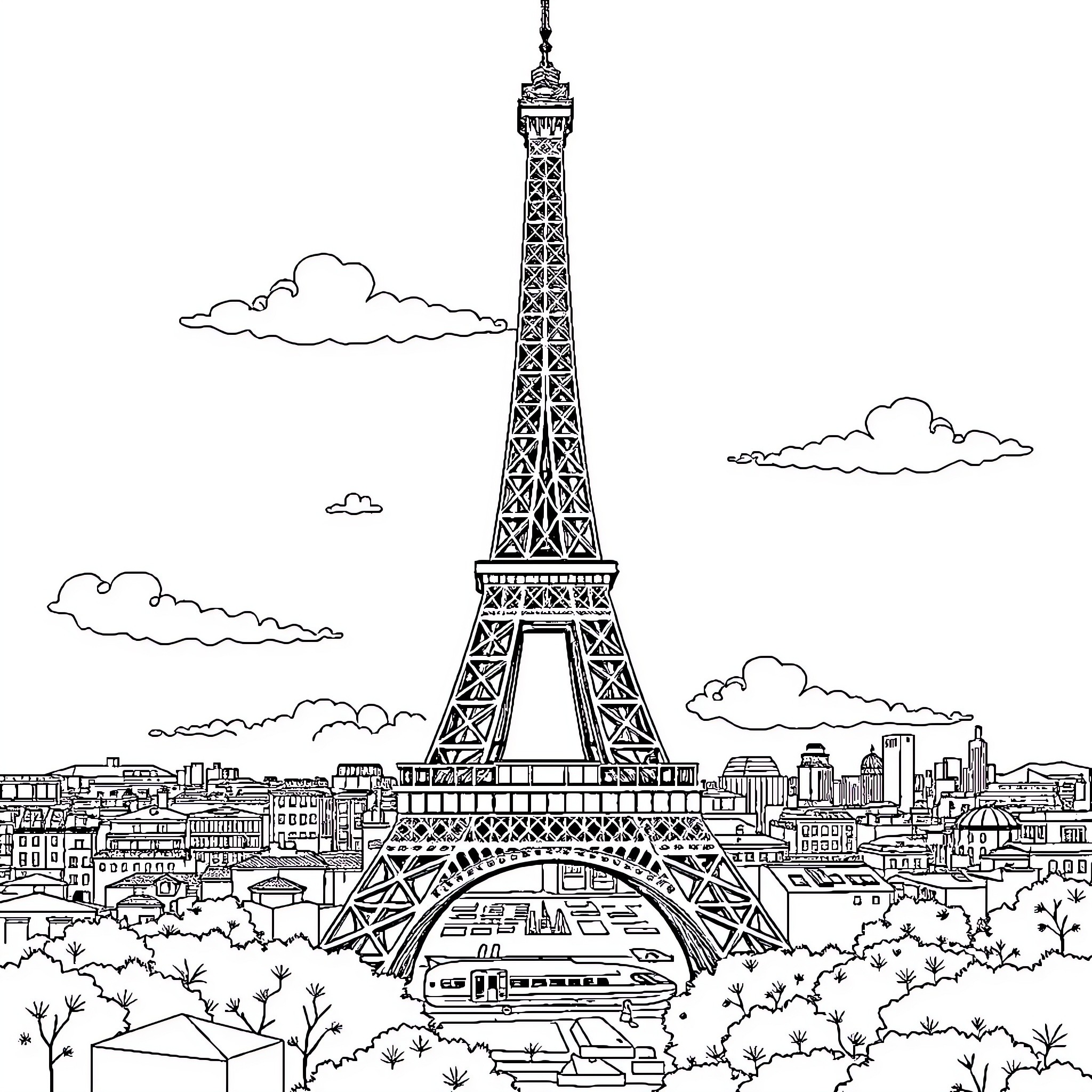 Eiffel Tower and Parisian cityscape in outline Coloring Page (free black-and-white line drawing printable PDF for all, from beginners to advanced learners, including children, teens, adults, and seniors)