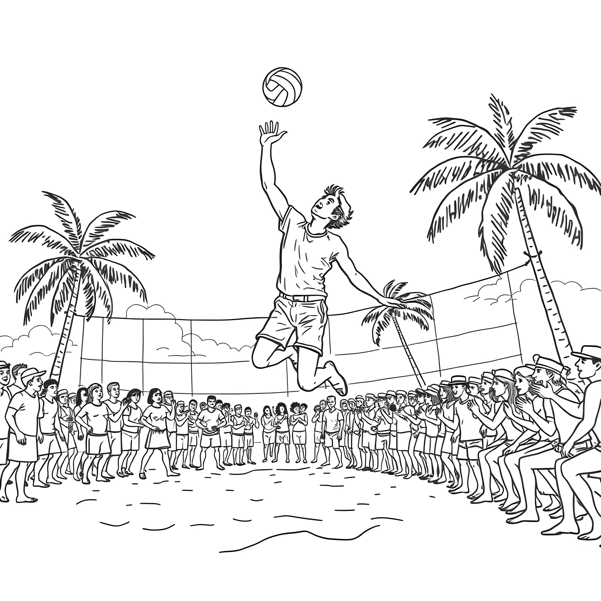 John Piper playing volleyball with a crowd in a tropical setting Coloring Page (free black-and-white line drawing printable PDF for all, from beginners to advanced learners, including children, teens, adults, and seniors)