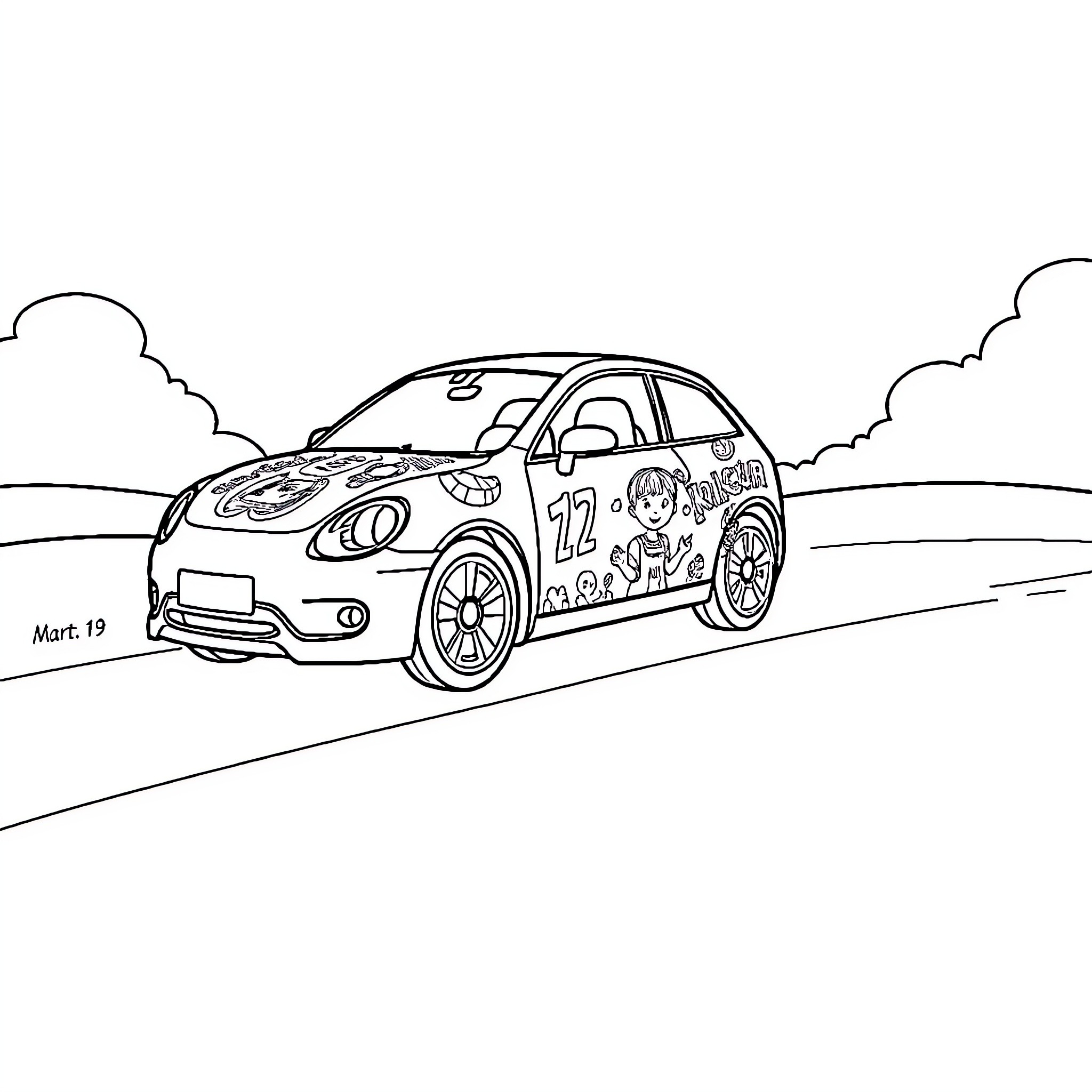 School Bus with Decorative Design on the Road Coloring Page (free black-and-white line drawing printable PDF for all, from beginners to advanced learners, including children, teens, adults, and seniors)