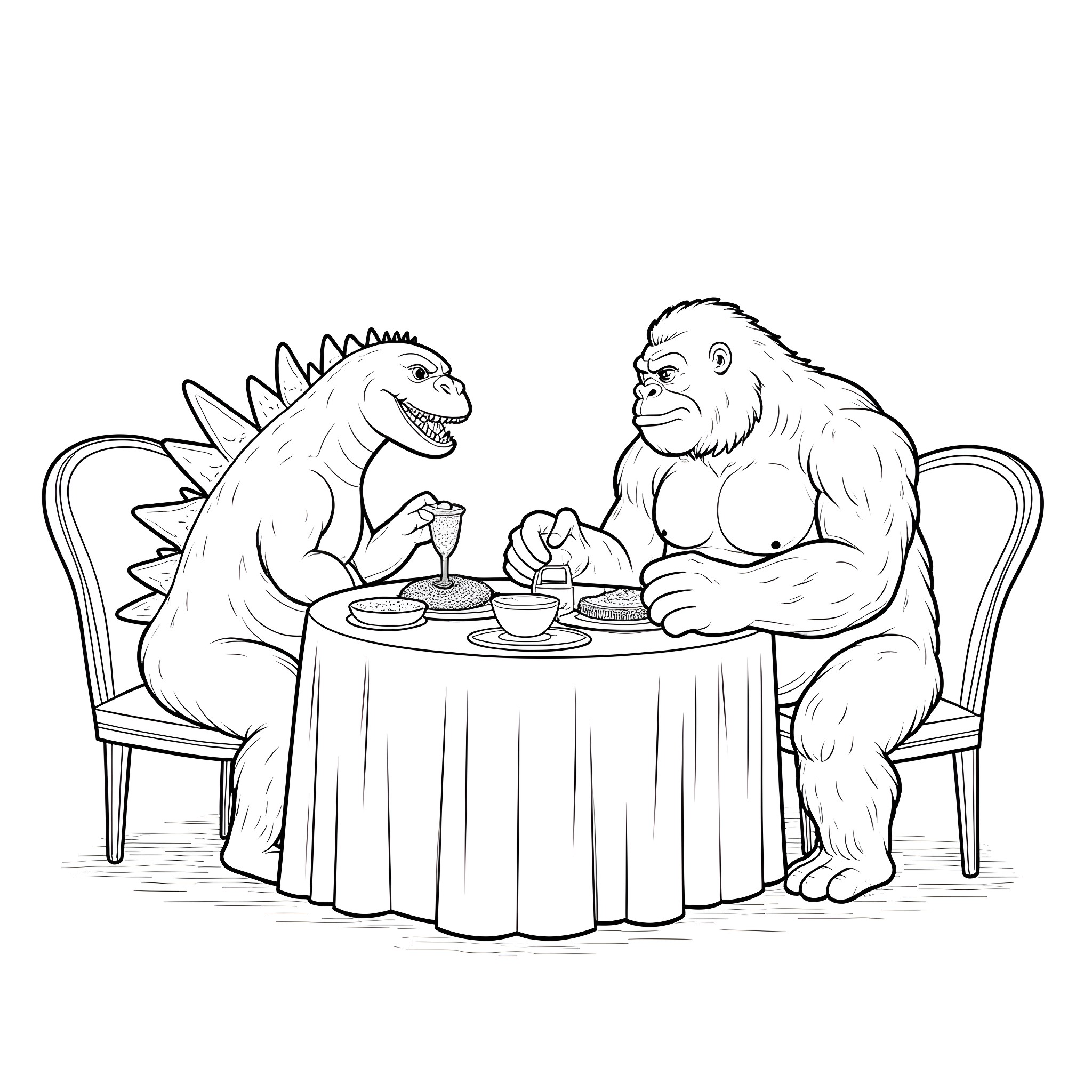 Godzilla and Bigfoot Enjoying a Meal Together Coloring Page (free black-and-white line drawing printable PDF for all, from beginners to advanced learners, including children, teens, adults, and seniors)