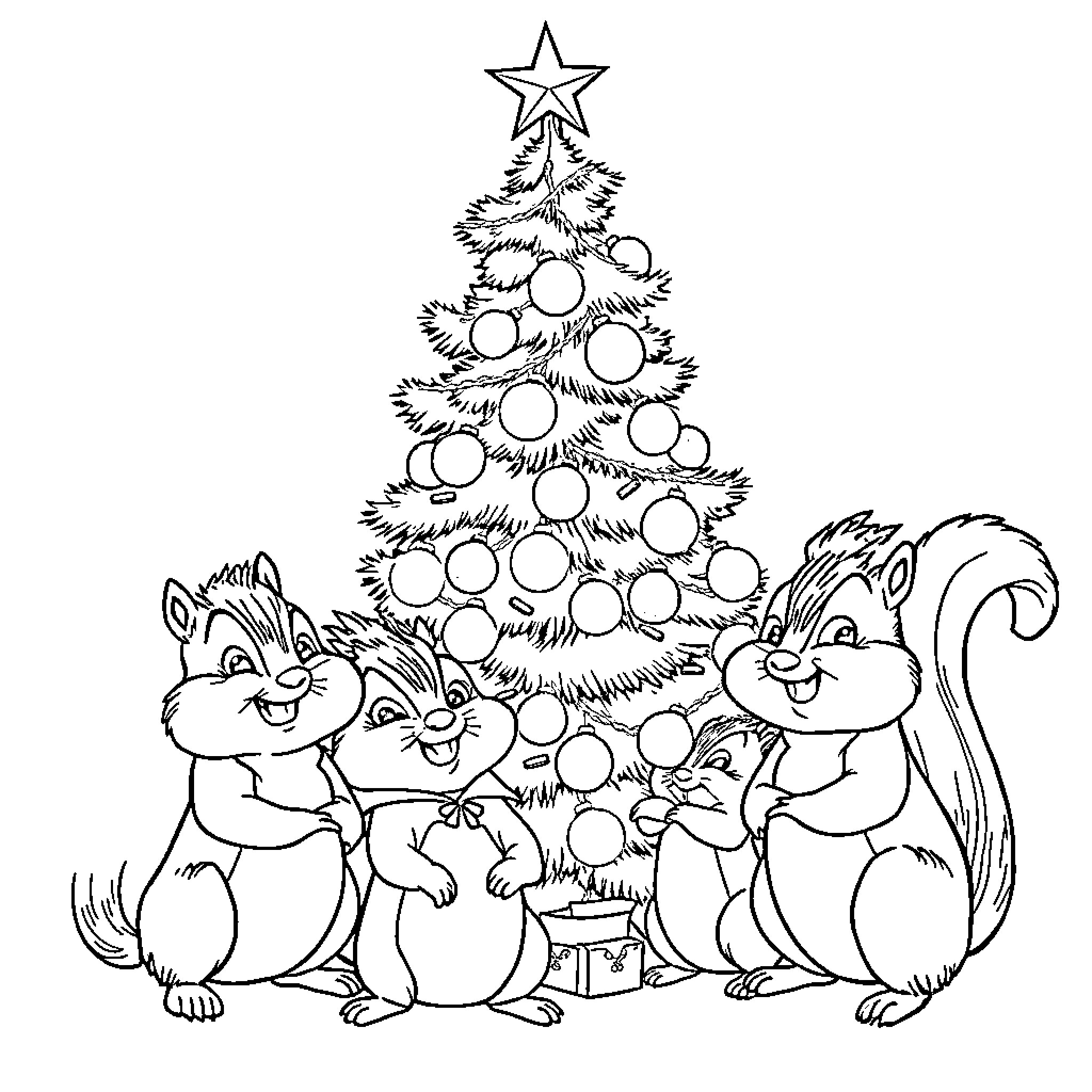 Chipmunks decorating a festive Christmas tree Coloring Page (free black-and-white line drawing printable PDF for all, from beginners to advanced learners, including children, teens, adults, and seniors)