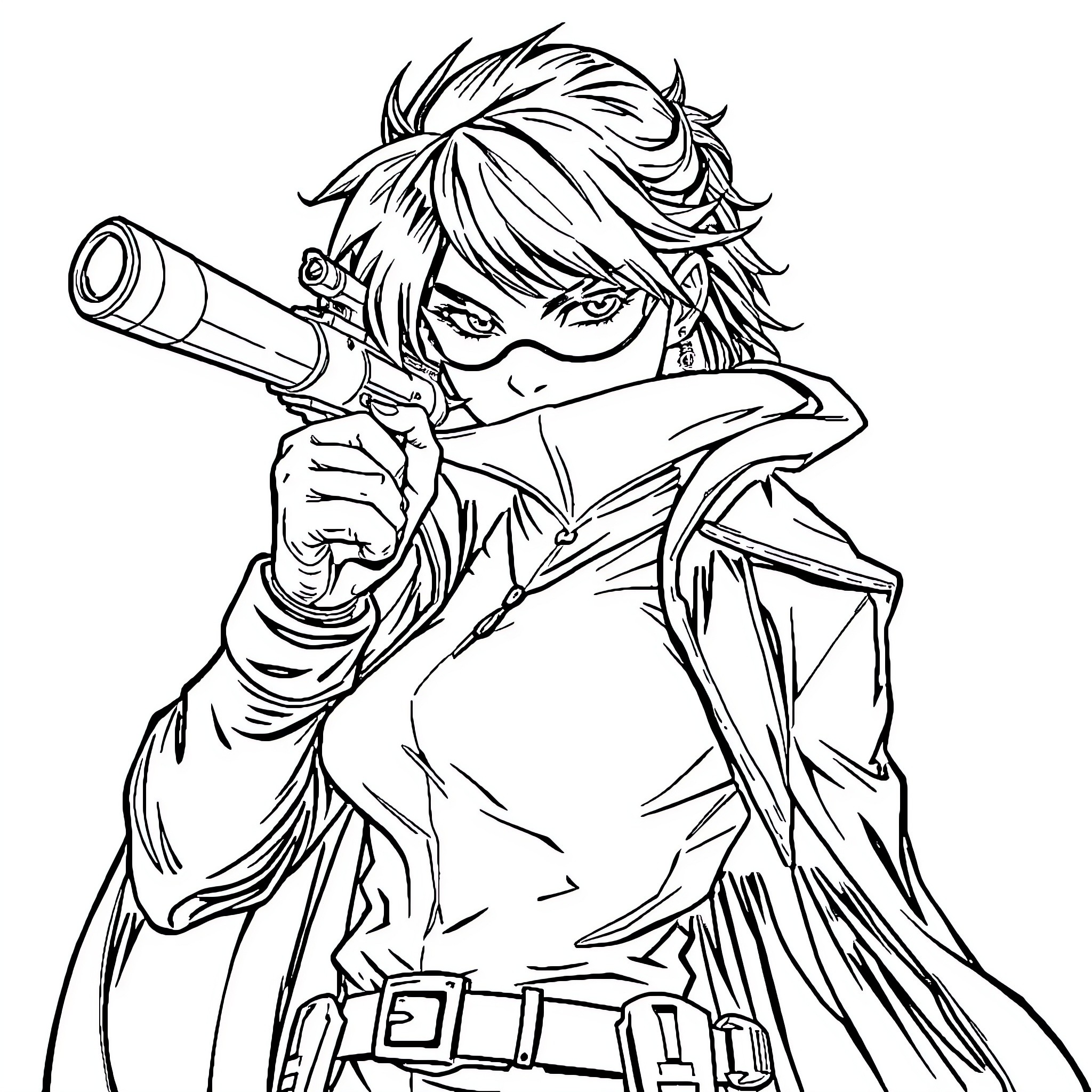 Enma, a Masked Vigilante in Action Coloring Page (free black-and-white line drawing printable PDF for all, from beginners to advanced learners, including children, teens, adults, and seniors)