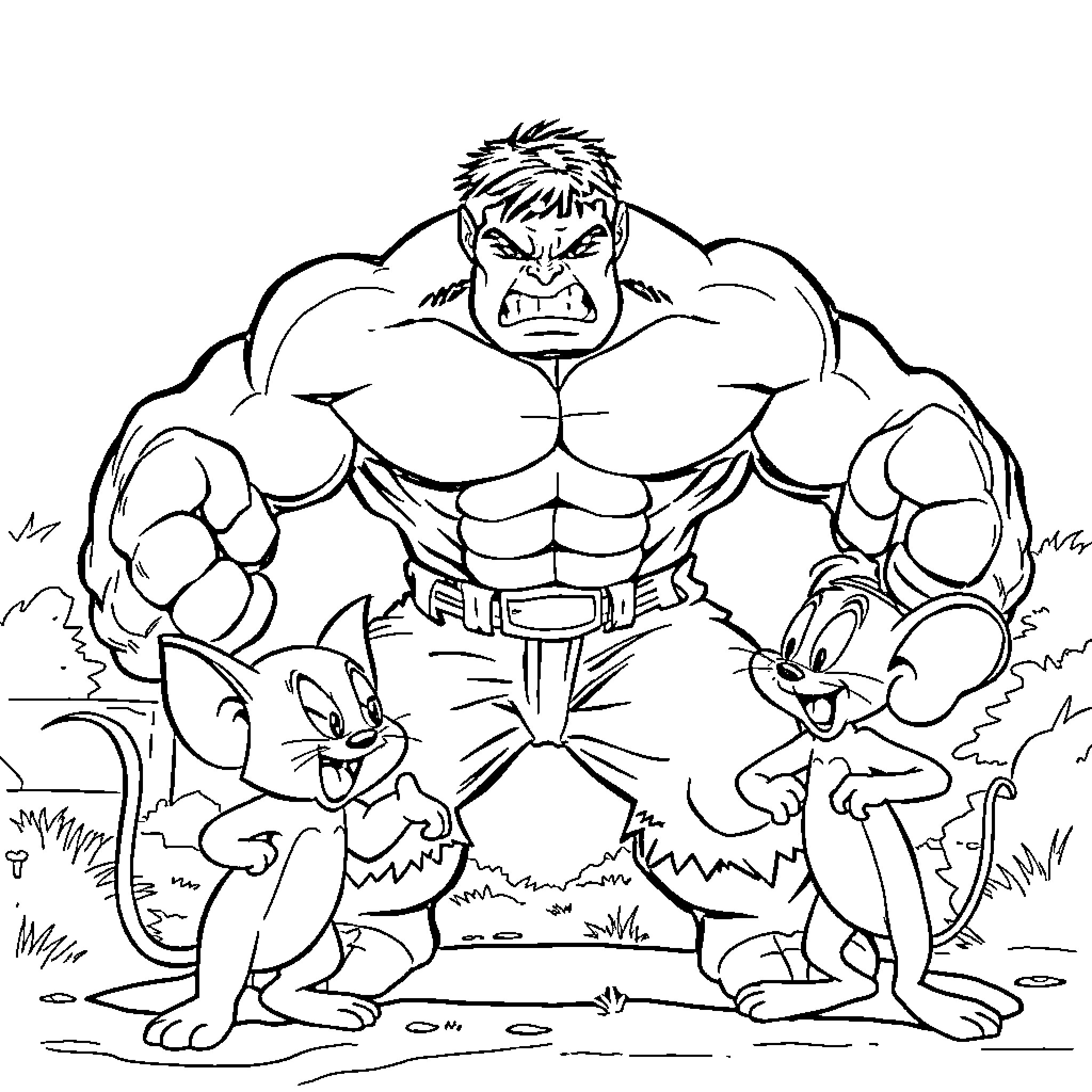 Hulk Confronting Mischievous Cartoon Characters Coloring Page (free black-and-white line drawing printable PDF for all, from beginners to advanced learners, including children, teens, adults, and seniors)