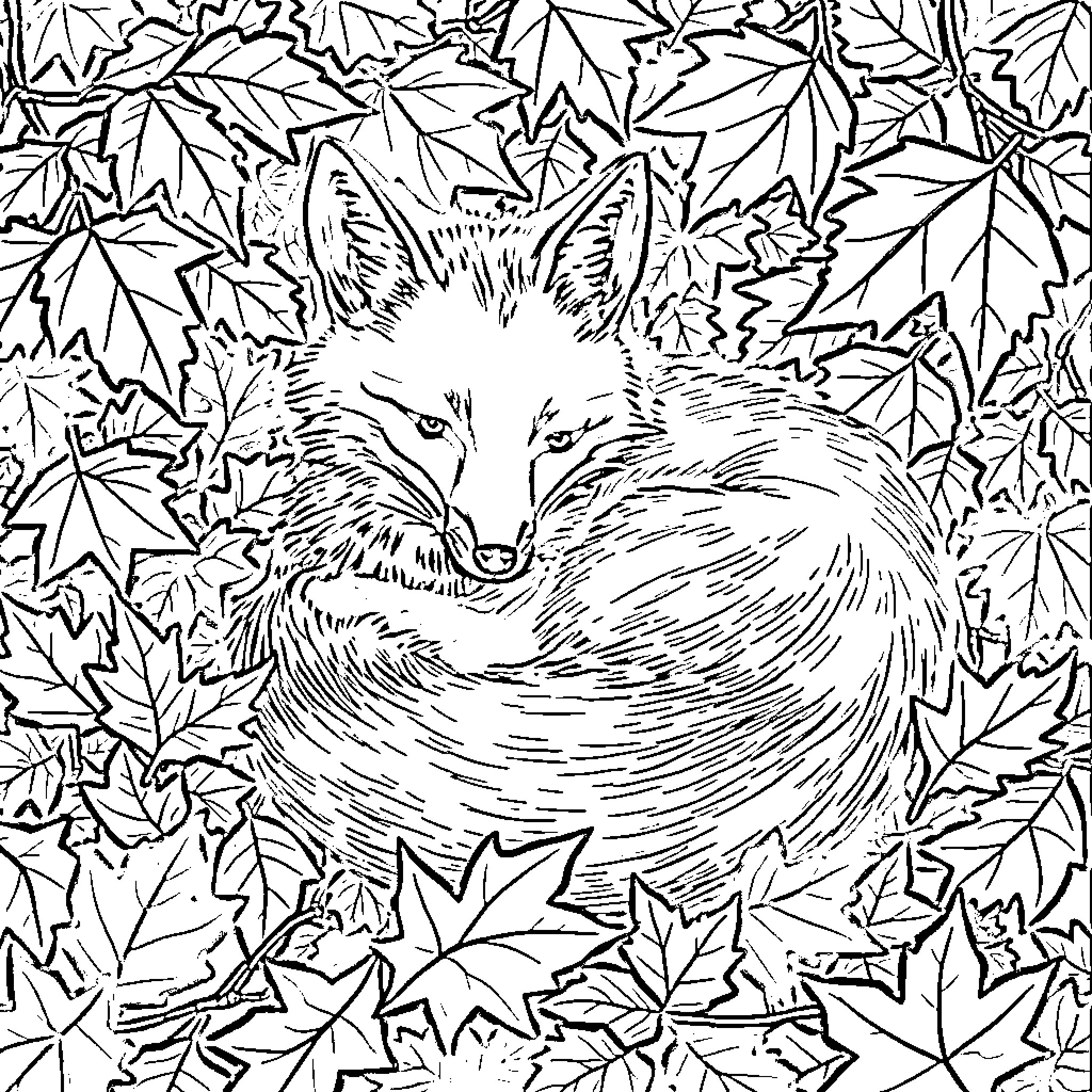 Fox hidden in autumn leaves Coloring Page (free black-and-white line drawing printable PDF for all, from beginners to advanced learners, including children, teens, adults, and seniors)