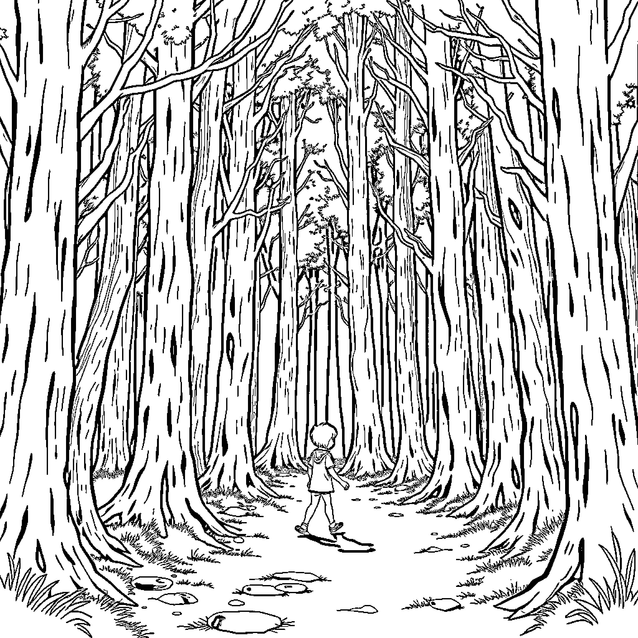 Coraline exploring the mysterious forest Coloring Page (free black-and-white line drawing printable PDF for all, from beginners to advanced learners, including children, teens, adults, and seniors)