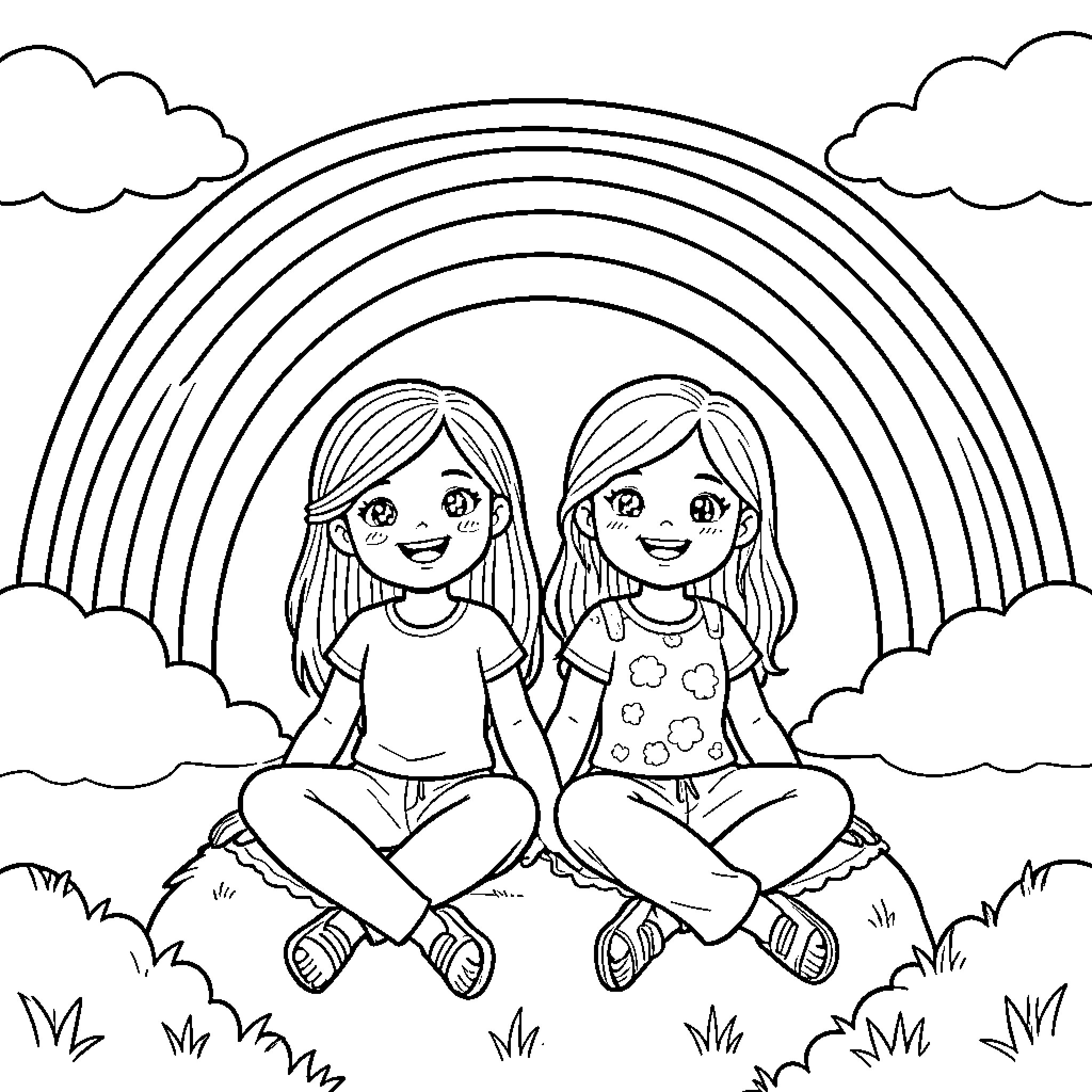 Girl friends enjoying nature under rainbow Coloring Page (free black-and-white line drawing printable PDF for all, from beginners to advanced learners, including children, teens, adults, and seniors)