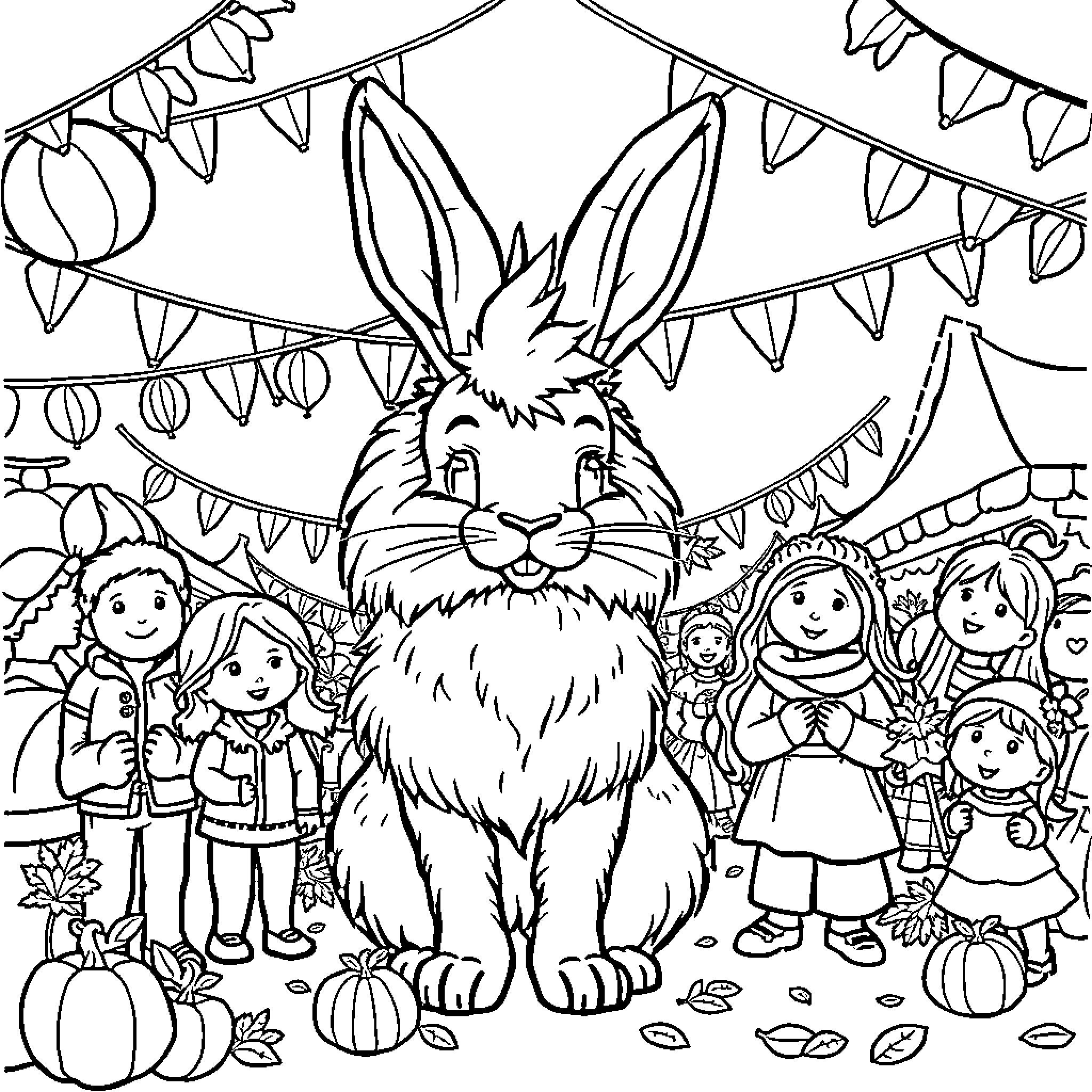 Lionhead Rabbit surrounded by children at a festival Coloring Page (free black-and-white line drawing printable PDF for all, from beginners to advanced learners, including children, teens, adults, and seniors)