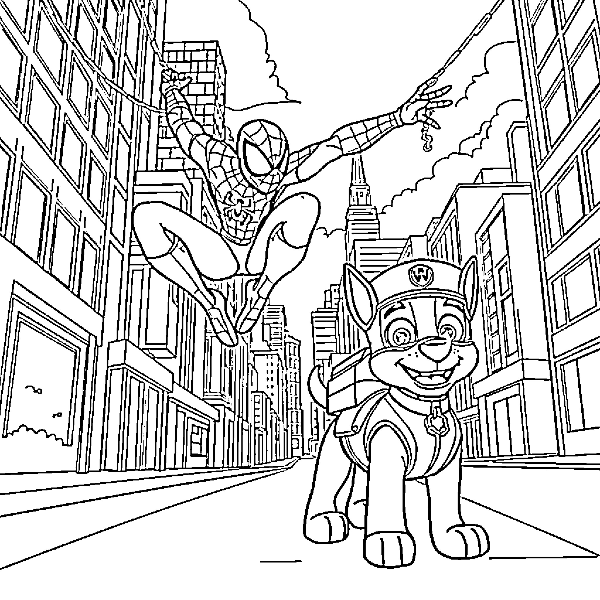 Spiderman swings through the city with a friendly pup Coloring Page (free black-and-white line drawing printable PDF for all, from beginners to advanced learners, including children, teens, adults, and seniors)